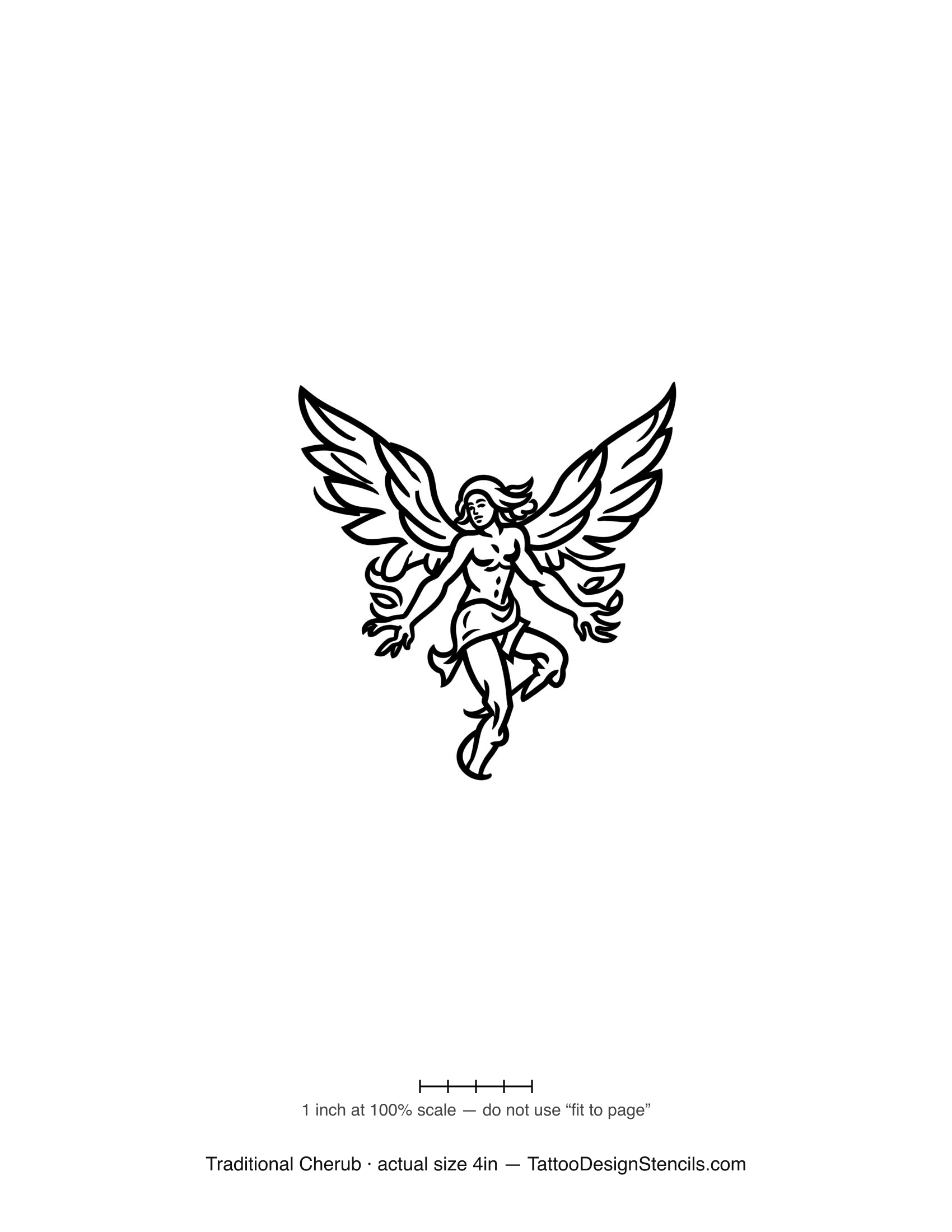 Traditional cherub angel tattoo stencil — bold old-school winged cherub