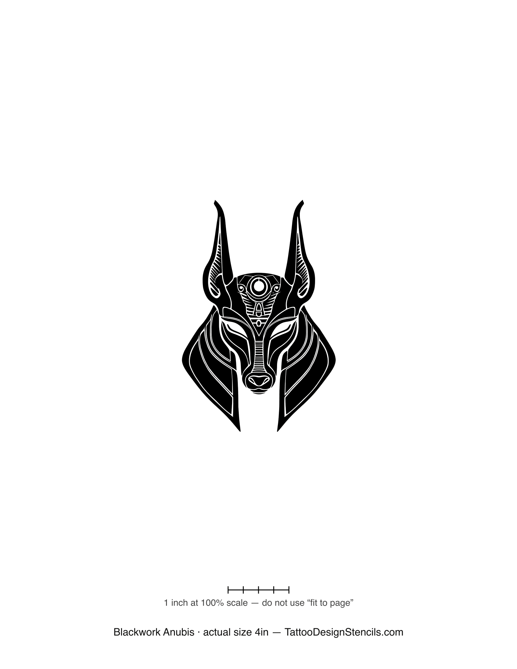 Blackwork Anubis tattoo stencil — bold symmetric front-facing jackal head