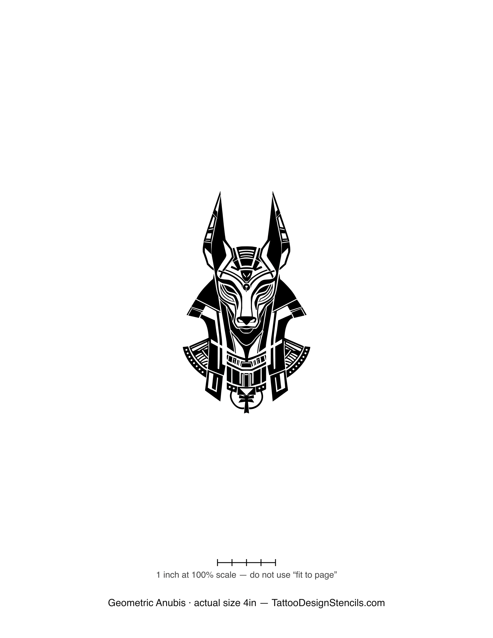 Geometric Anubis tattoo stencil — front-facing jackal head in geometric planes