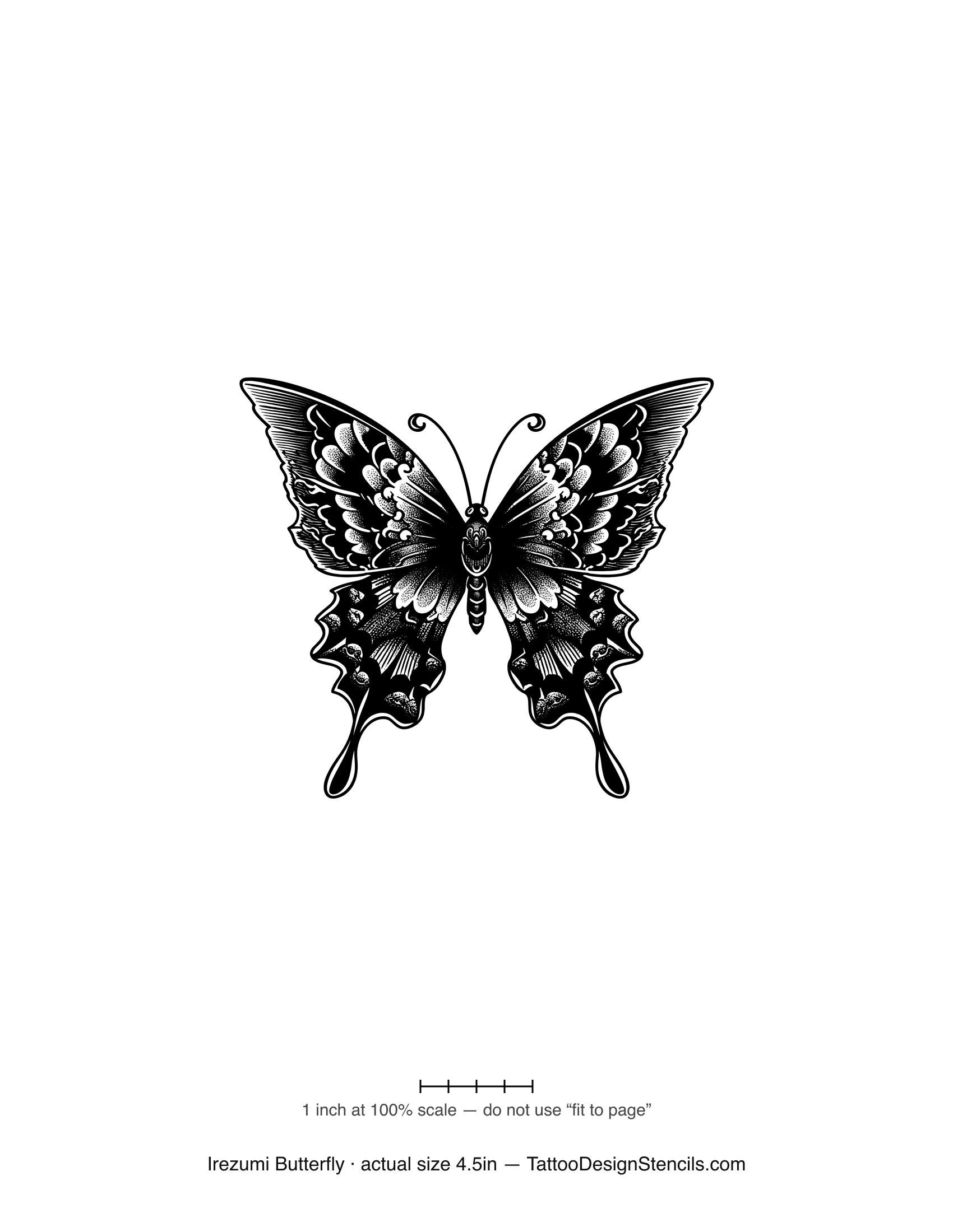 Japanese irezumi butterfly tattoo stencil — bold patterned swallowtail wings