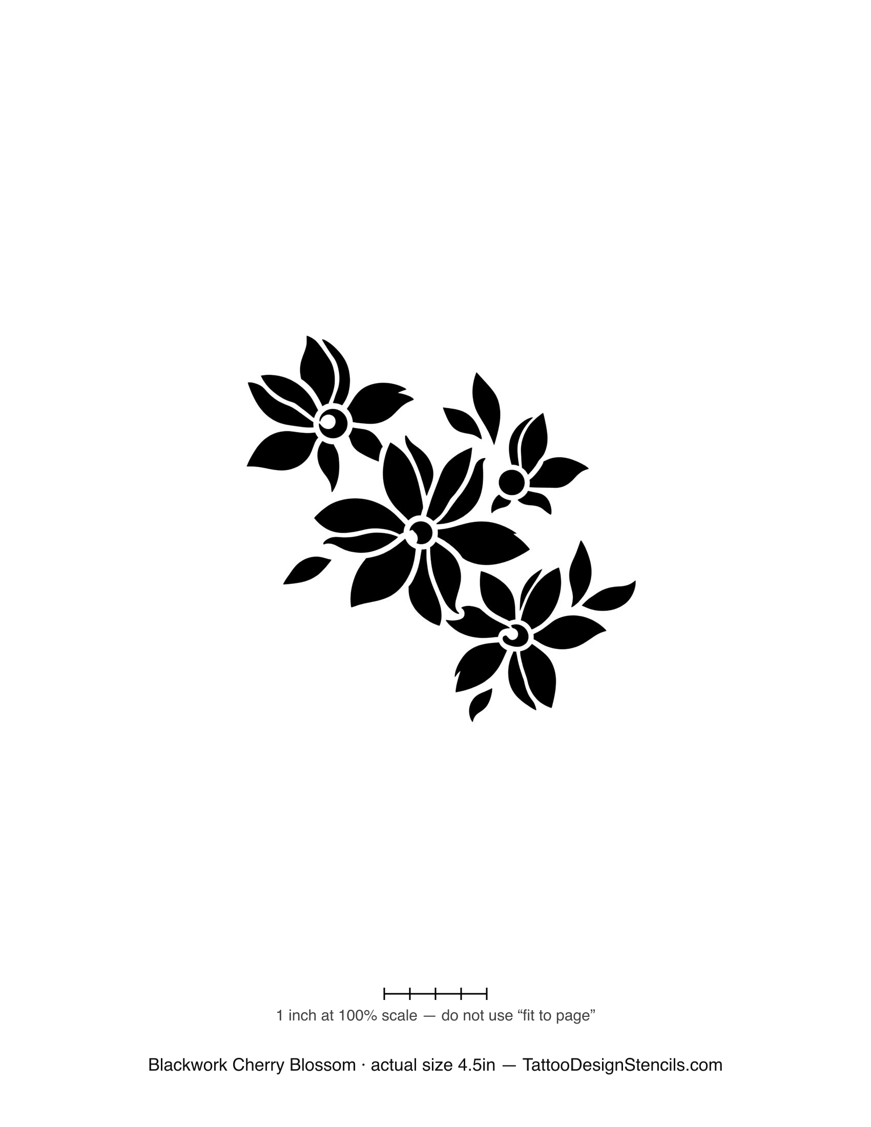 Blackwork cherry blossom tattoo stencil — bold solid-black blossoms