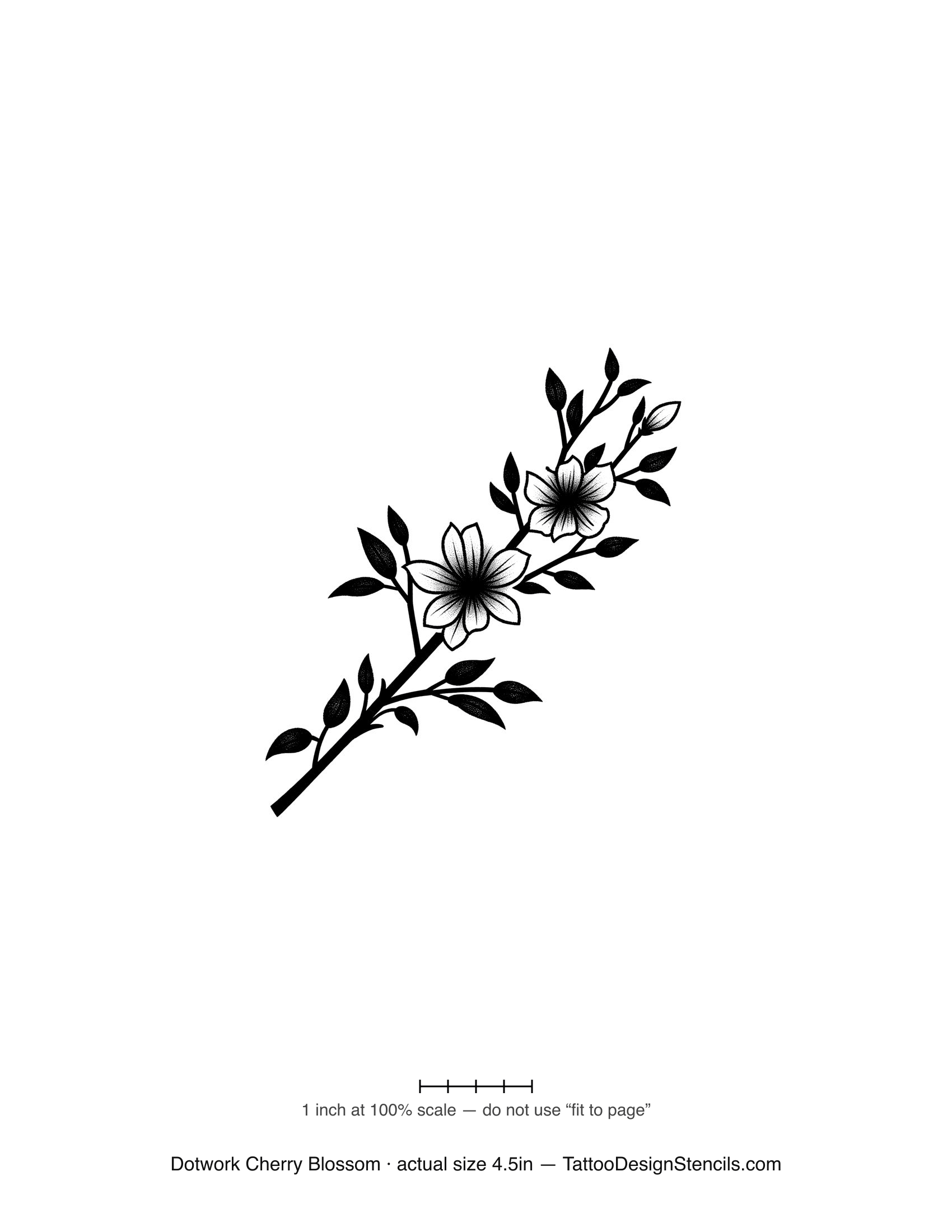 Dotwork cherry blossom tattoo stencil — flowering branch in fine stipple