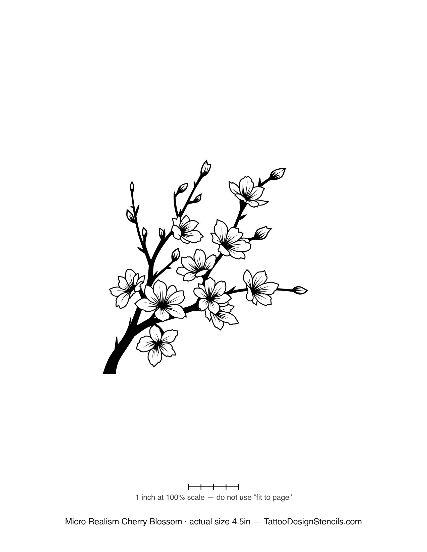 Micro realism cherry blossom tattoo stencil — realistic flowering branch
