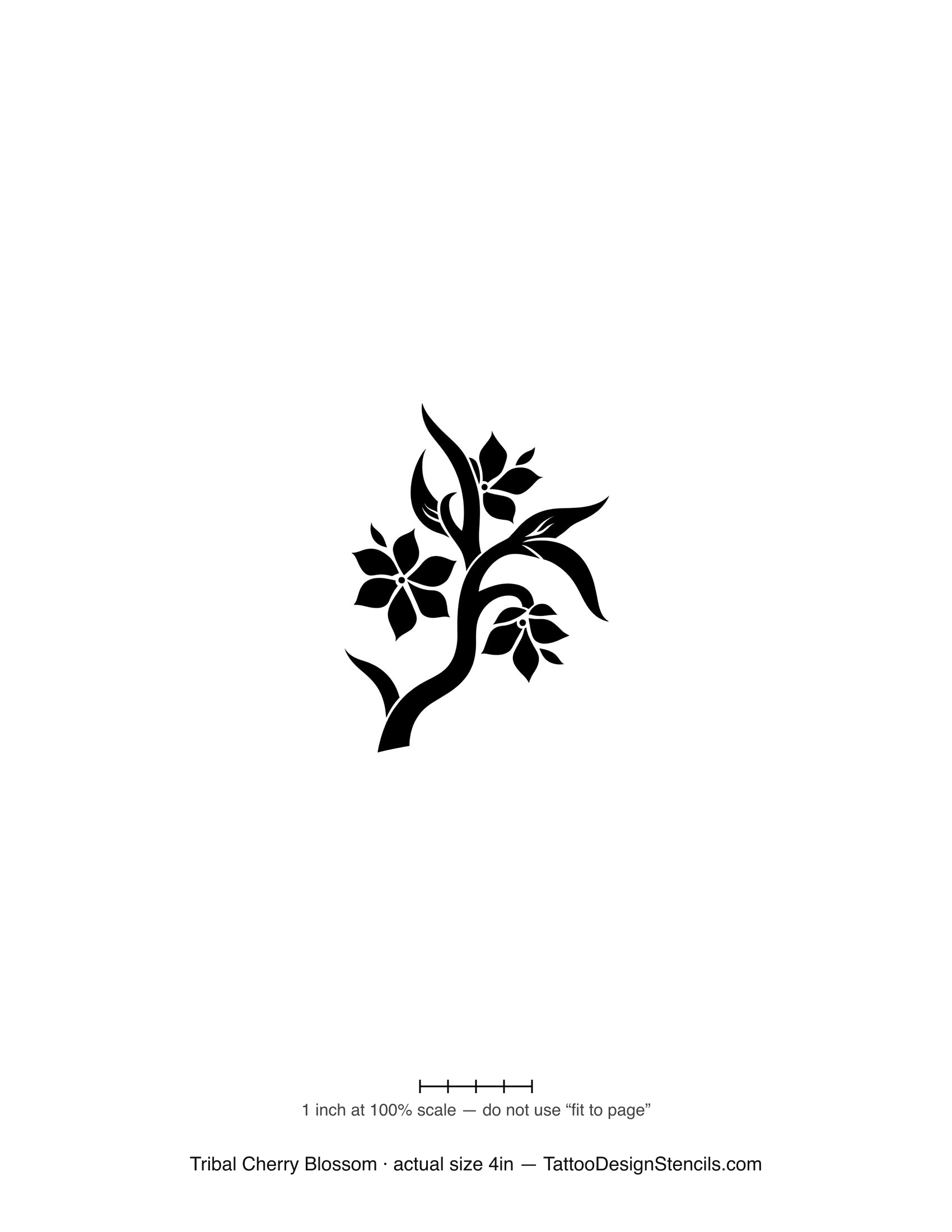 Tribal cherry blossom tattoo stencil — bold black blooms and stems