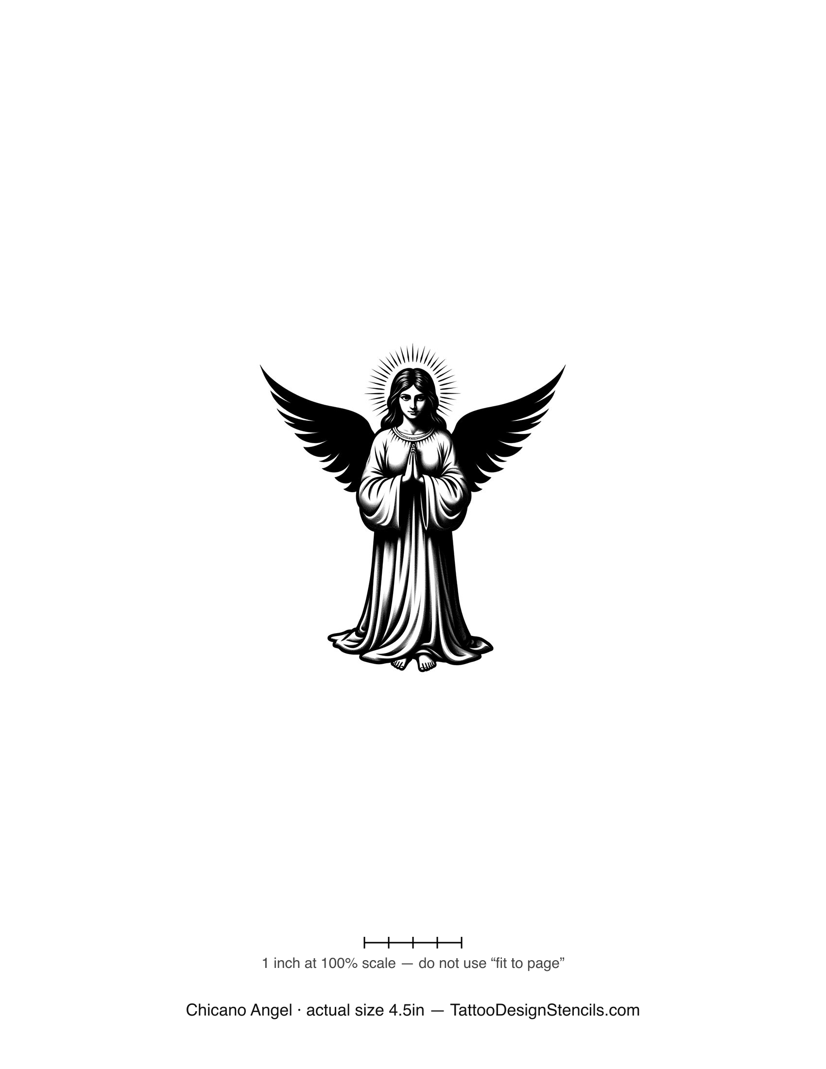 Chicano angel tattoo stencil — praying winged figure in fine black and grey