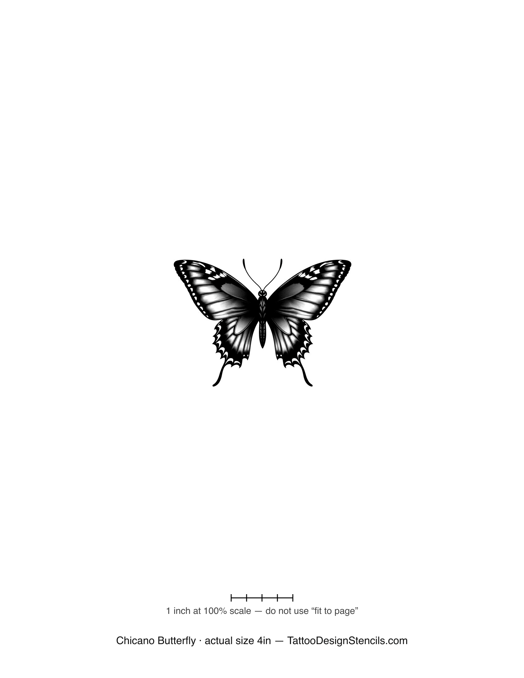 Chicano butterfly tattoo stencil — softly shaded wings in black and grey