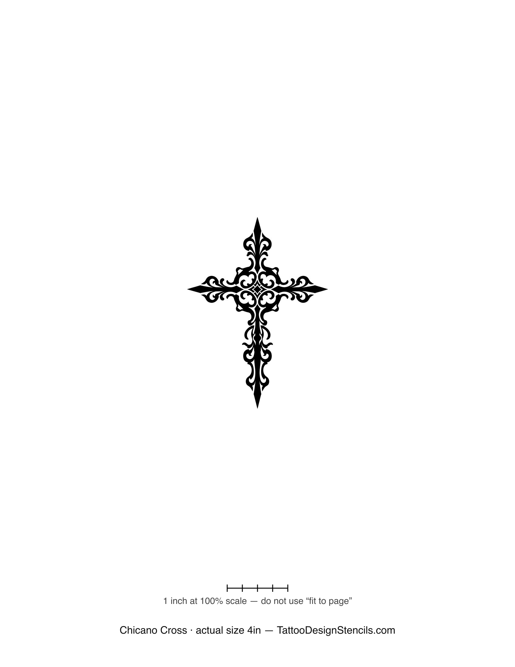 Chicano cross tattoo stencil — ornate filigree cross in fine black linework