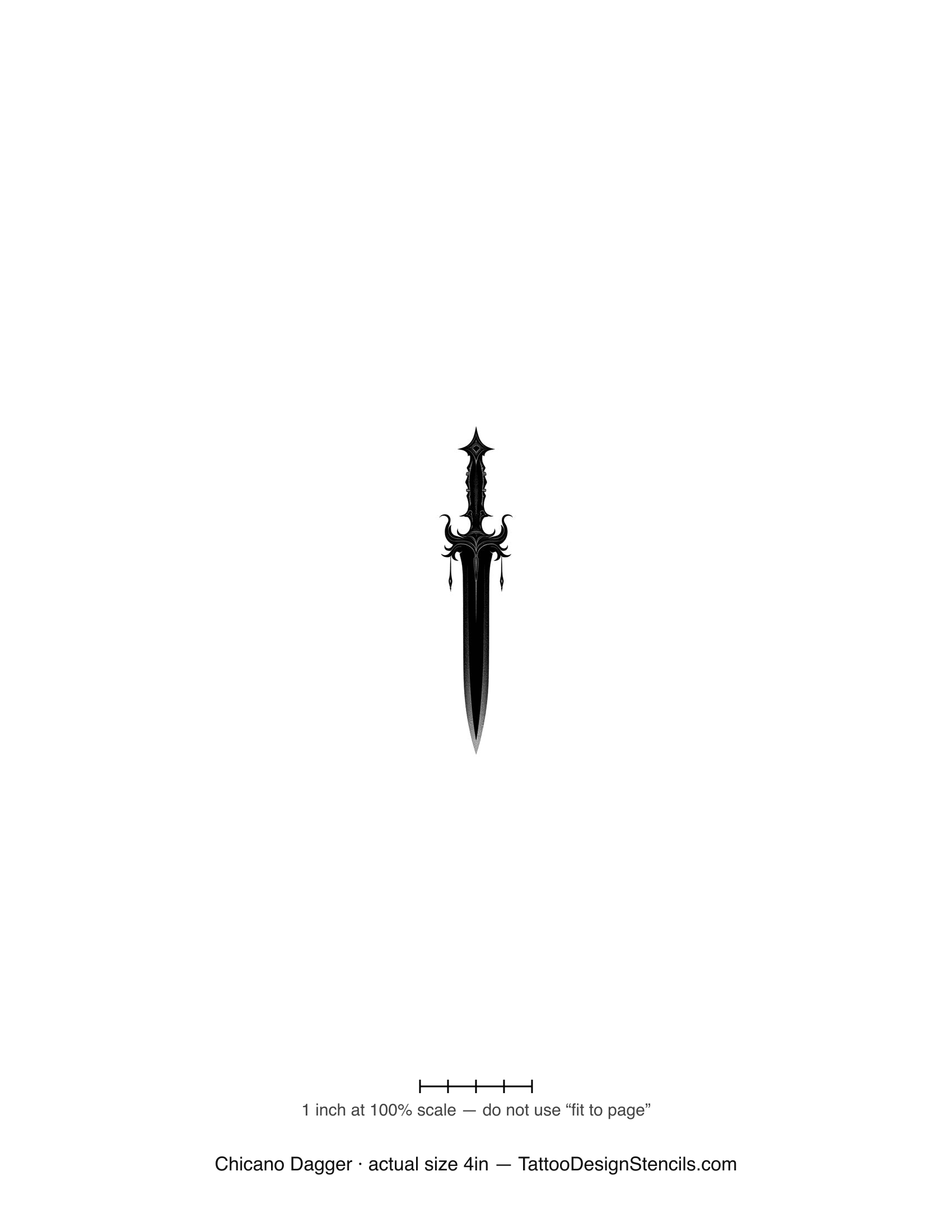 Chicano dagger tattoo stencil — ornate dagger with detailed hilt in black and grey