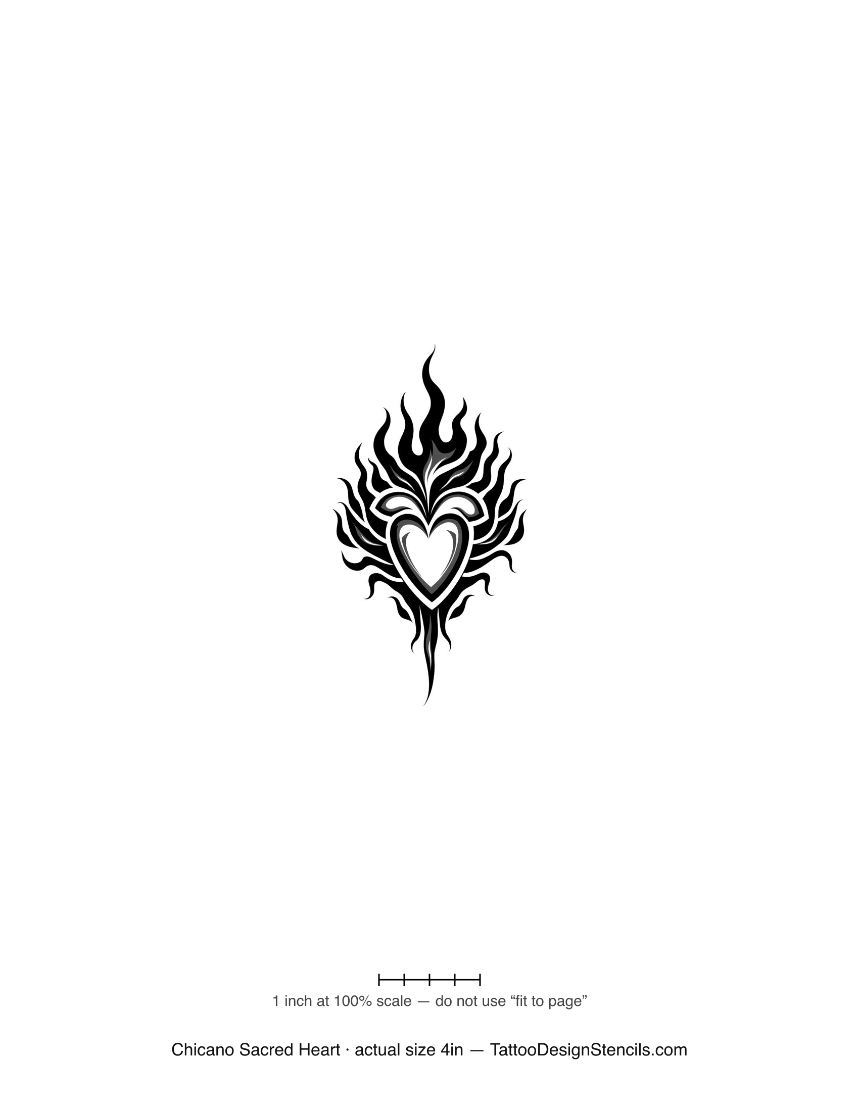 Chicano sacred heart tattoo stencil — flaming heart in fine black linework