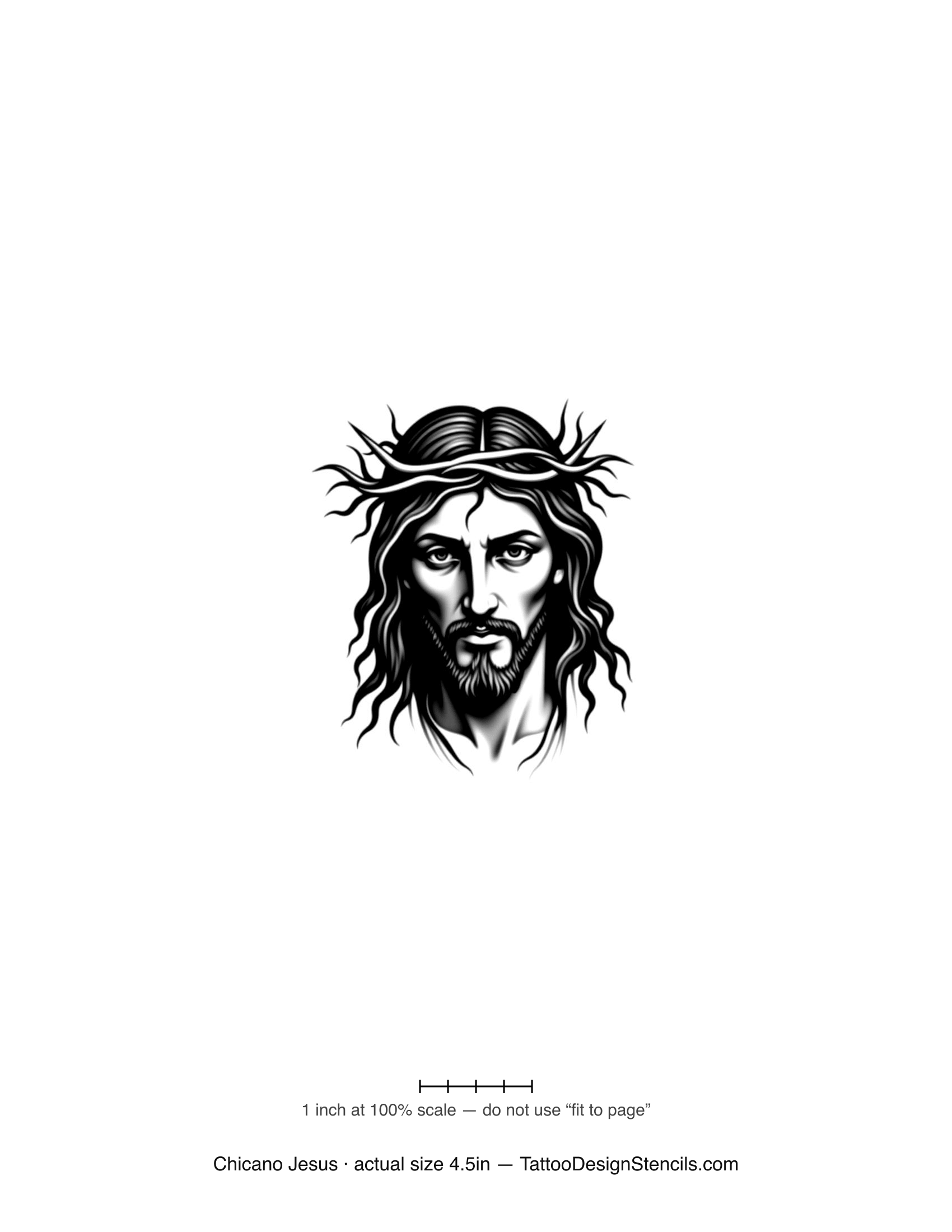 Chicano Jesus tattoo stencil — portrait with crown of thorns in black and grey