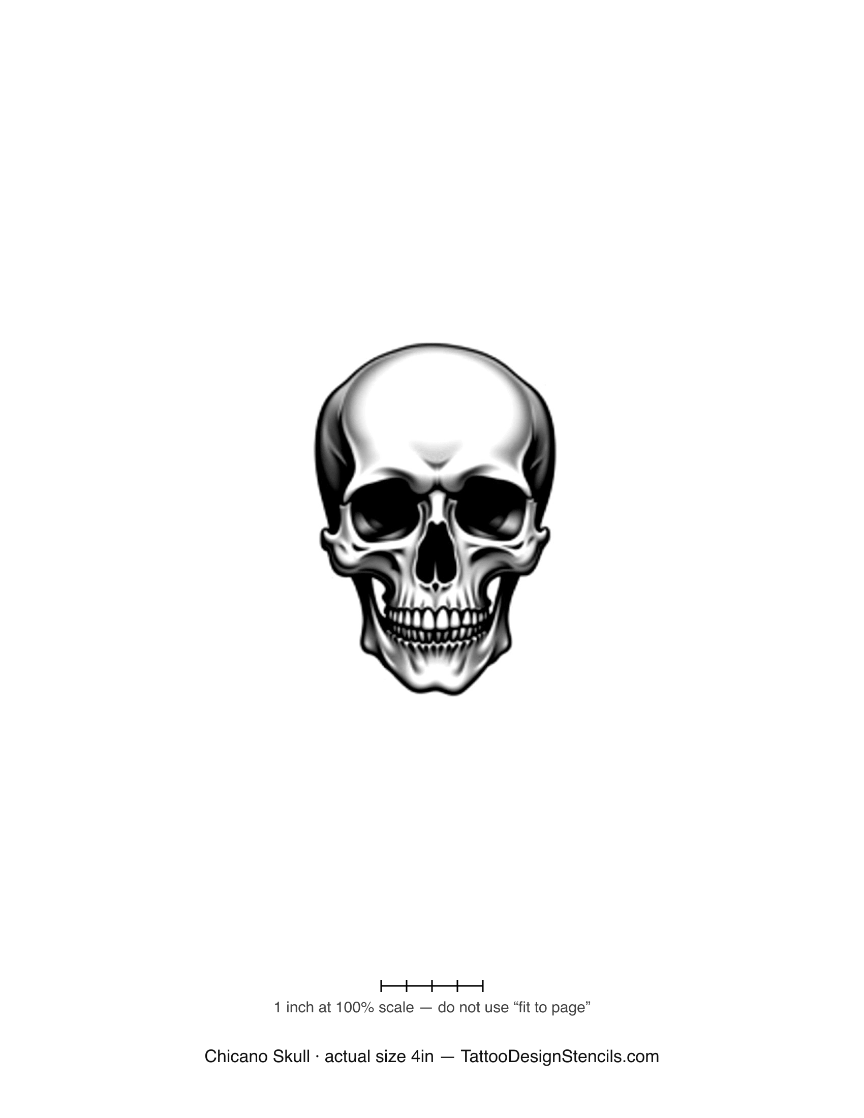 Chicano skull tattoo stencil — realistic skull in smooth black and grey