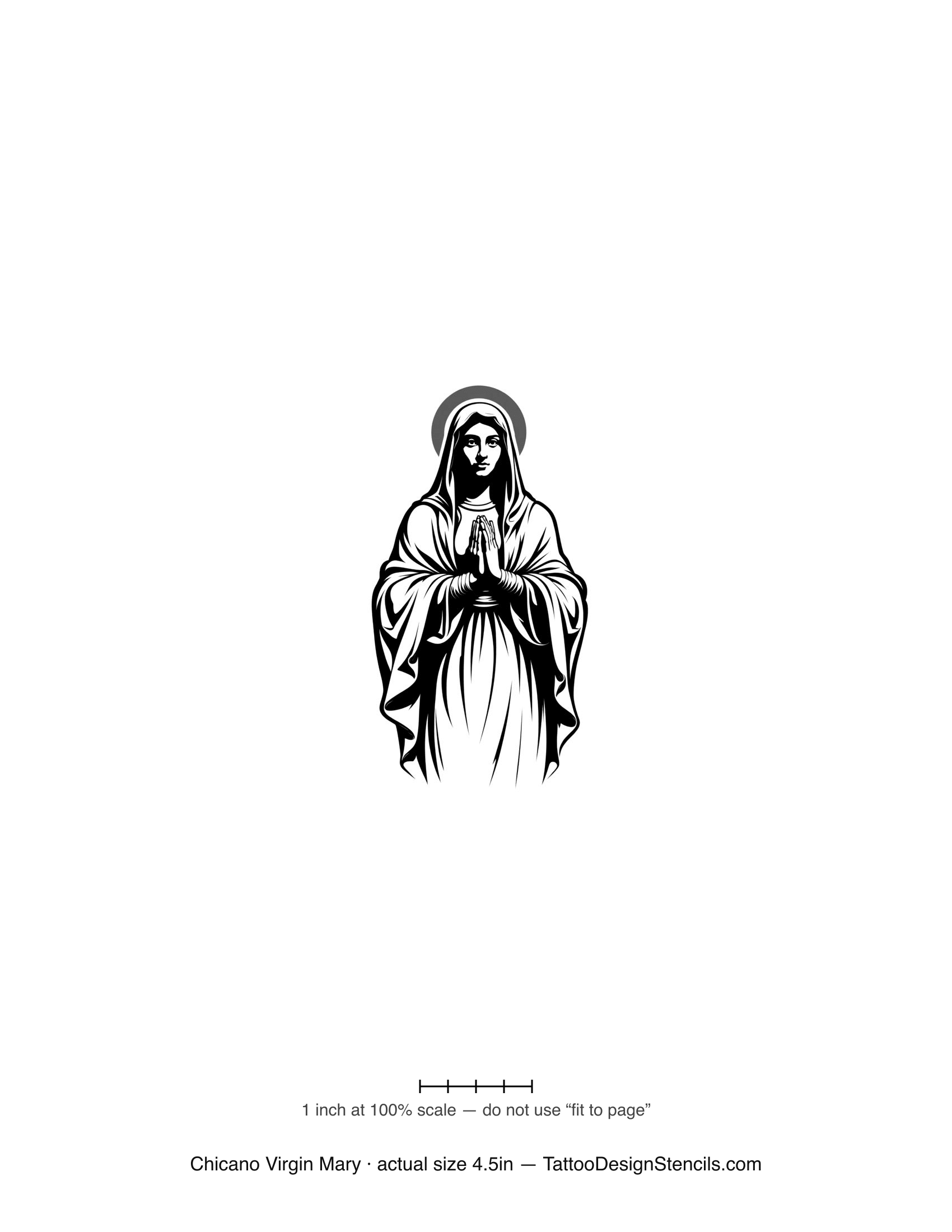 Chicano Virgin Mary tattoo stencil — praying haloed figure in fine black and grey