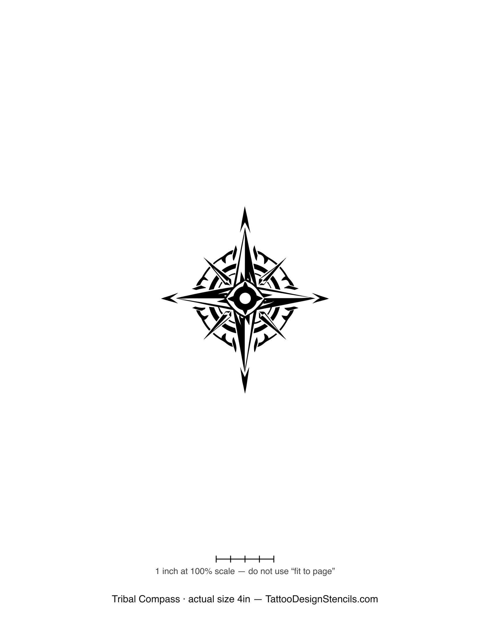 Tribal compass tattoo stencil — elegant compass rose in sweeping black points