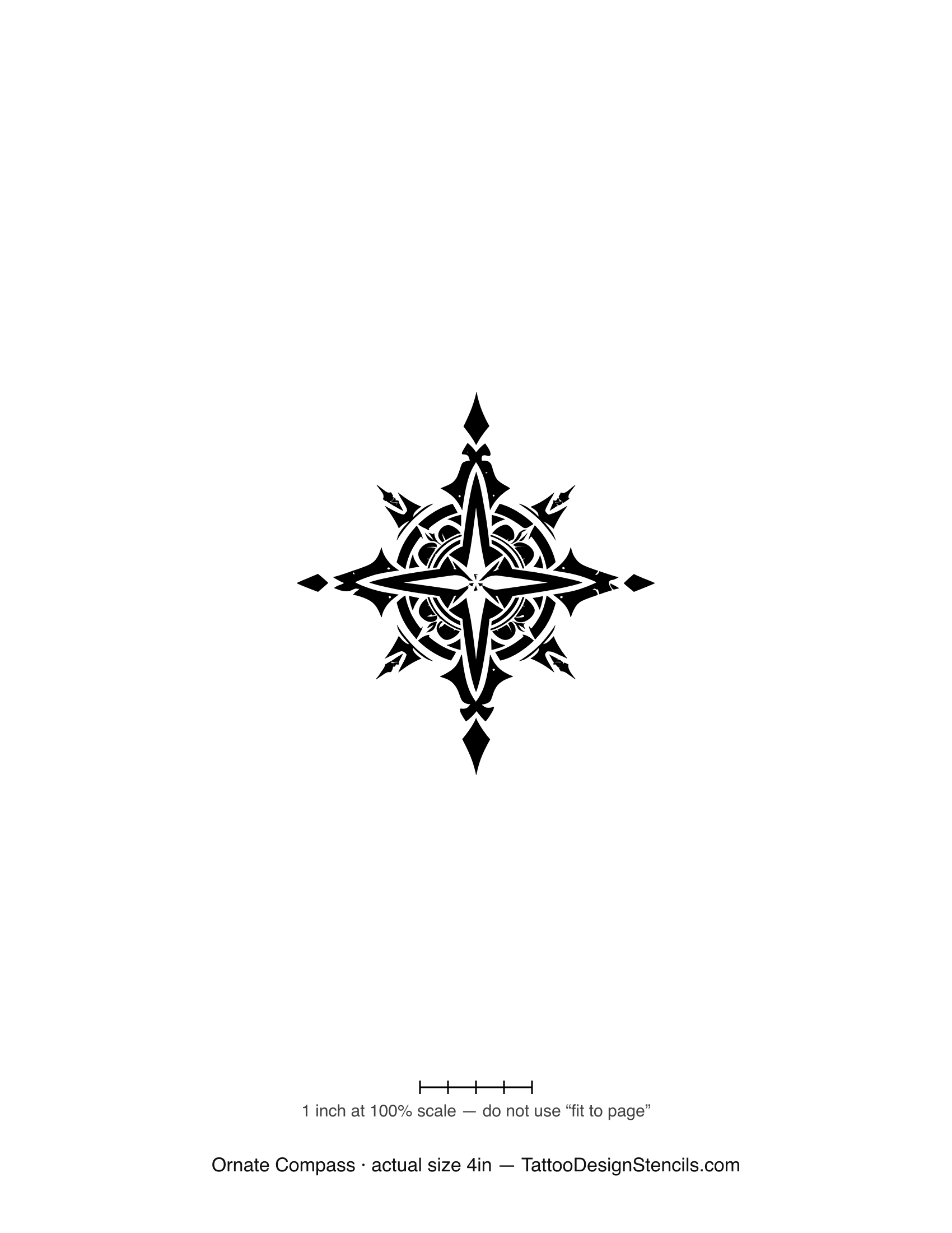 Ornate compass tattoo stencil — heavily detailed compass rose with layered dial