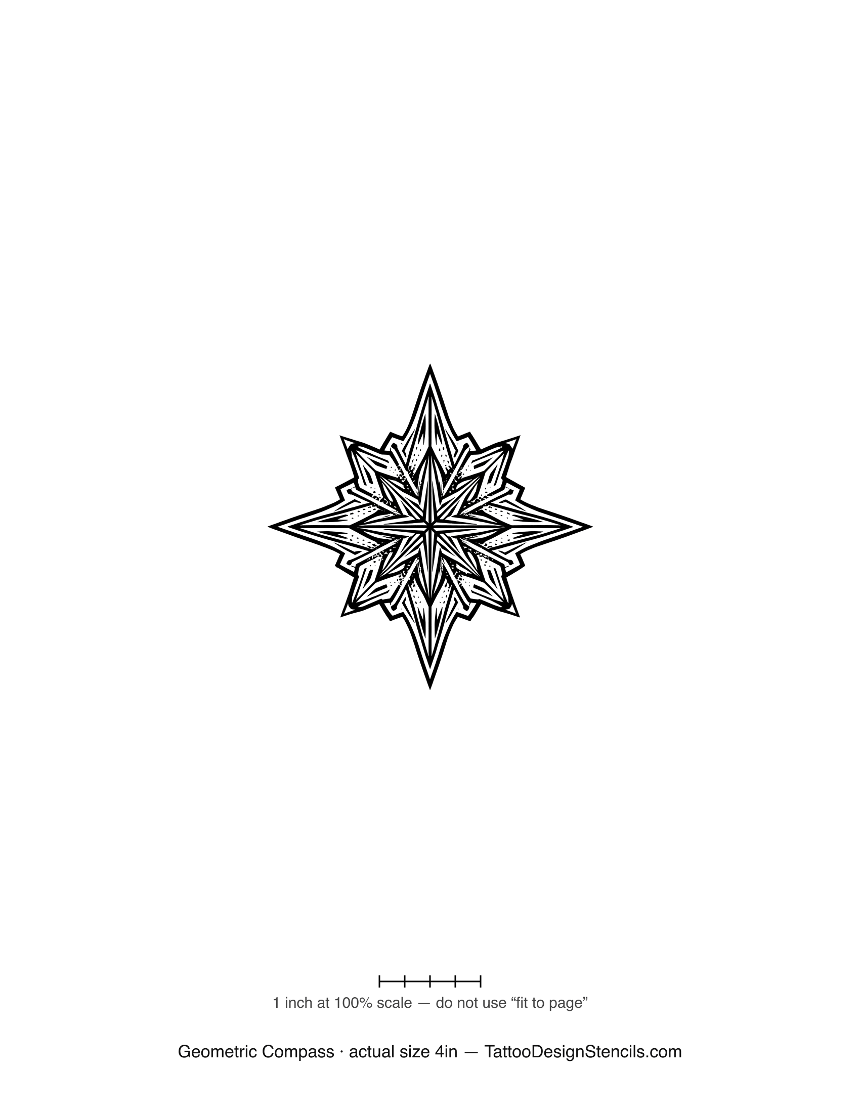 Geometric compass tattoo stencil — symmetric starburst points around a fine dial