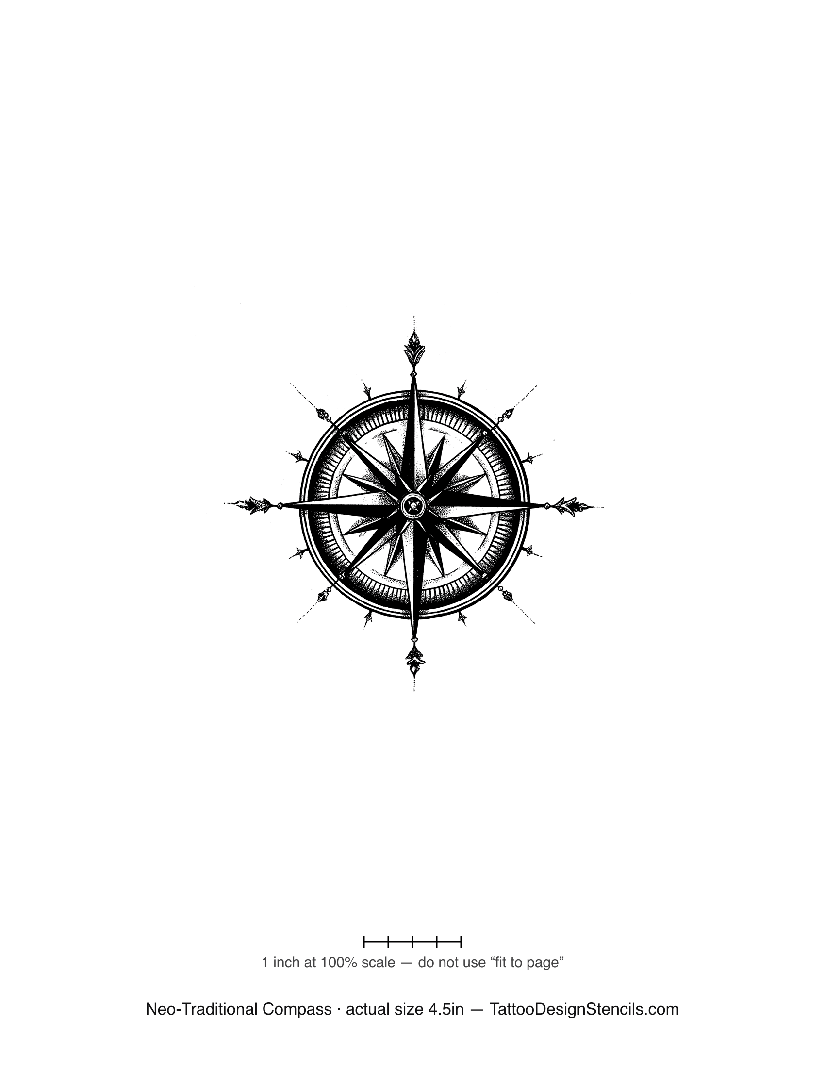 Neo-traditional compass tattoo stencil — ornate compass with decorative points