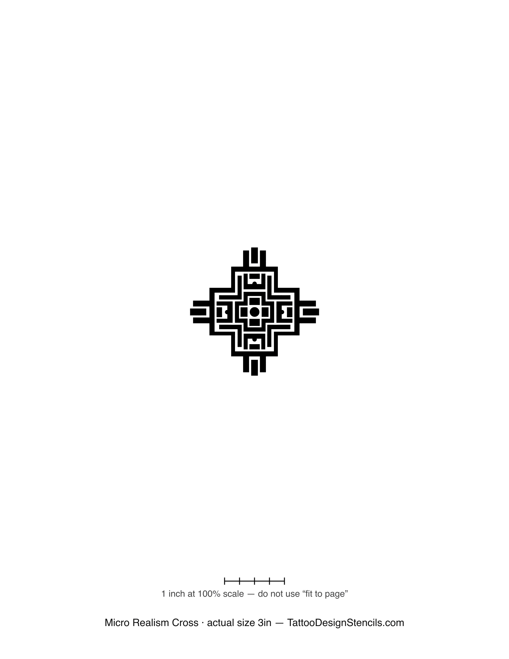 Micro realism cross tattoo stencil — finely detailed ornate cross at small scale