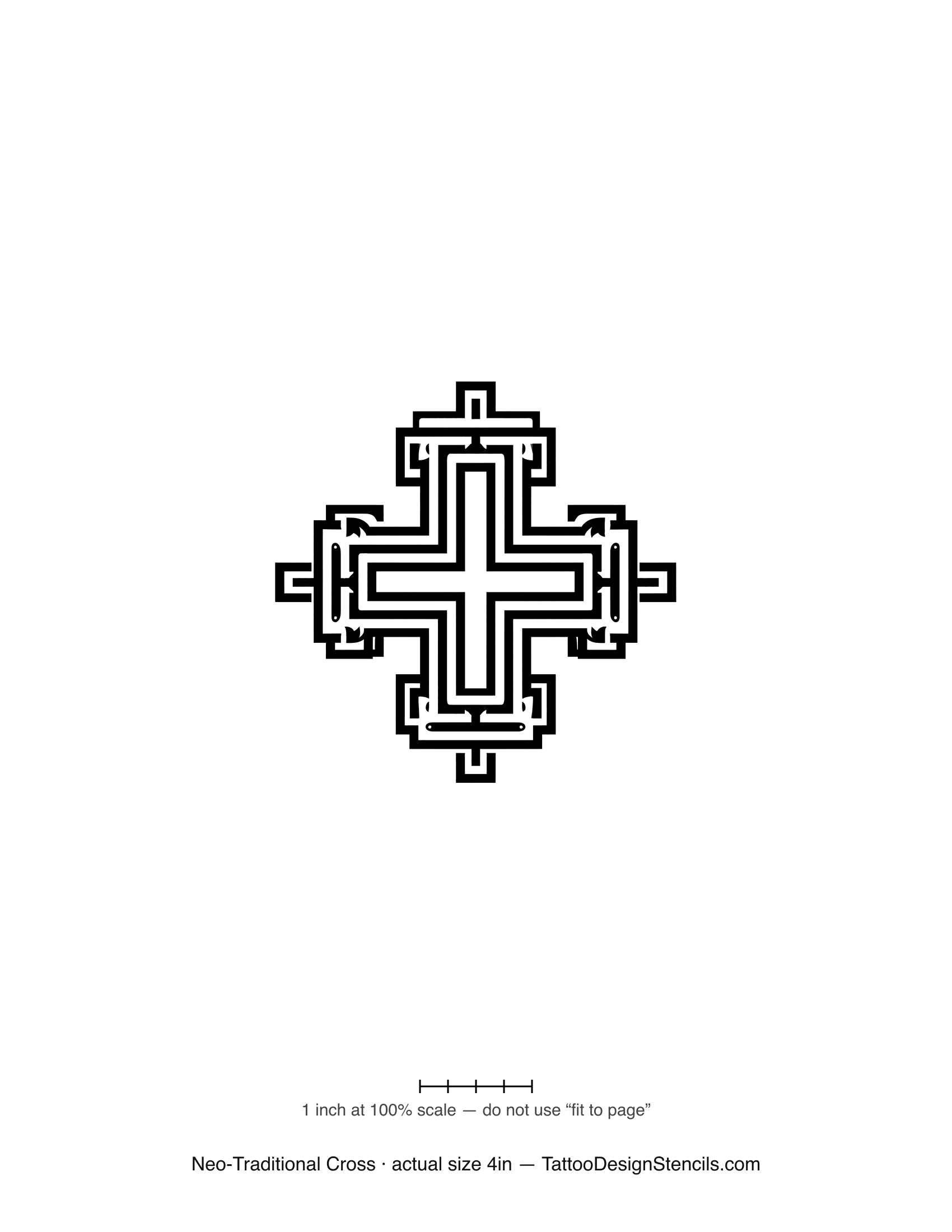 Neo-traditional cross tattoo stencil — bold layered ornamental borders