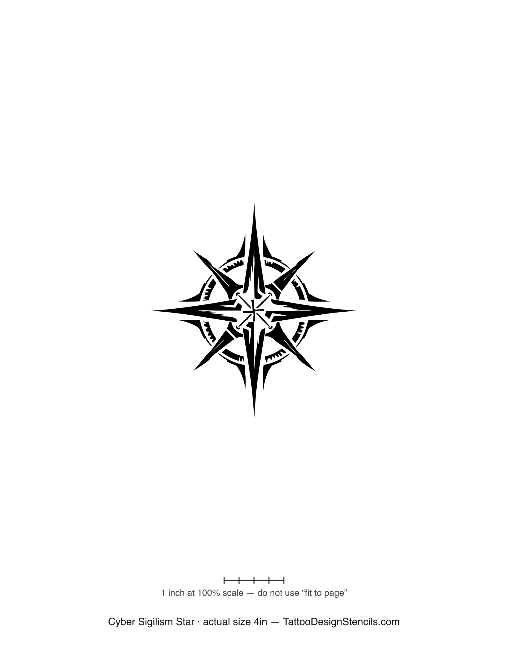 Cyber sigilism tattoo stencil — spiked sigil star with sharp radiating blades
