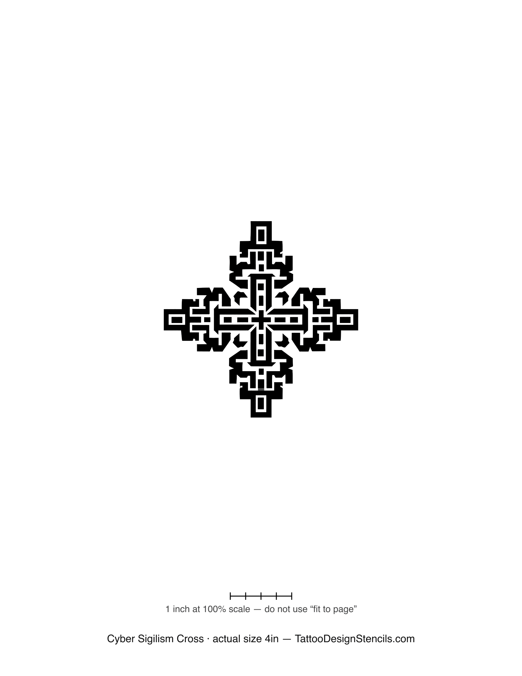 Cyber sigilism cross tattoo stencil — cross built from pixel-block circuit shapes