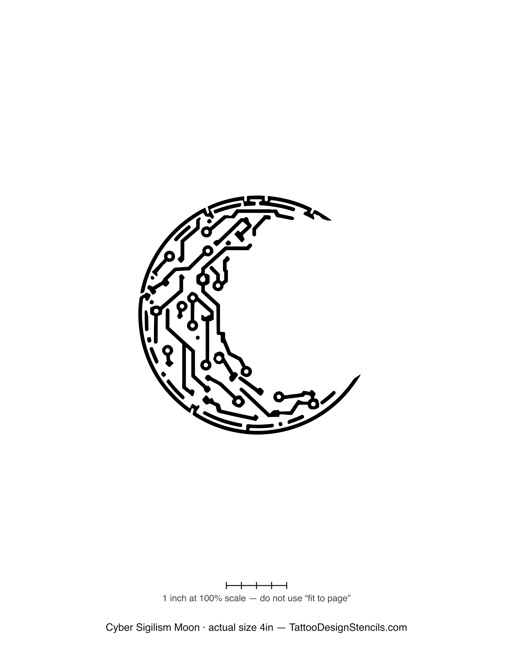 Cyber sigilism moon tattoo stencil — crescent built from circuit-board traces