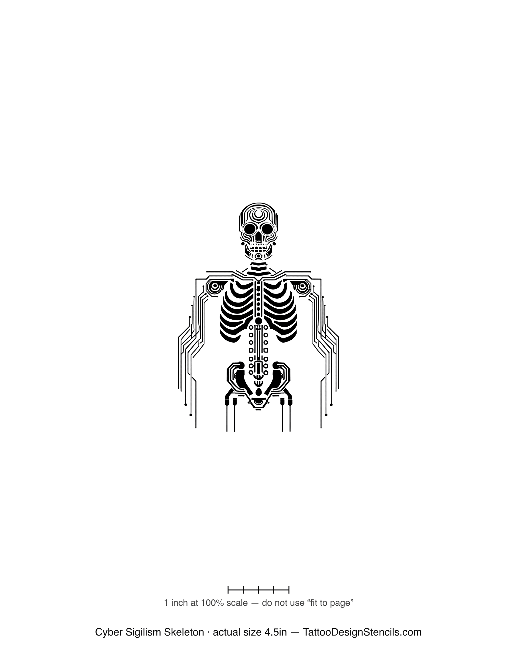 Cyber sigilism skeleton tattoo stencil — skeleton merged with circuit linework
