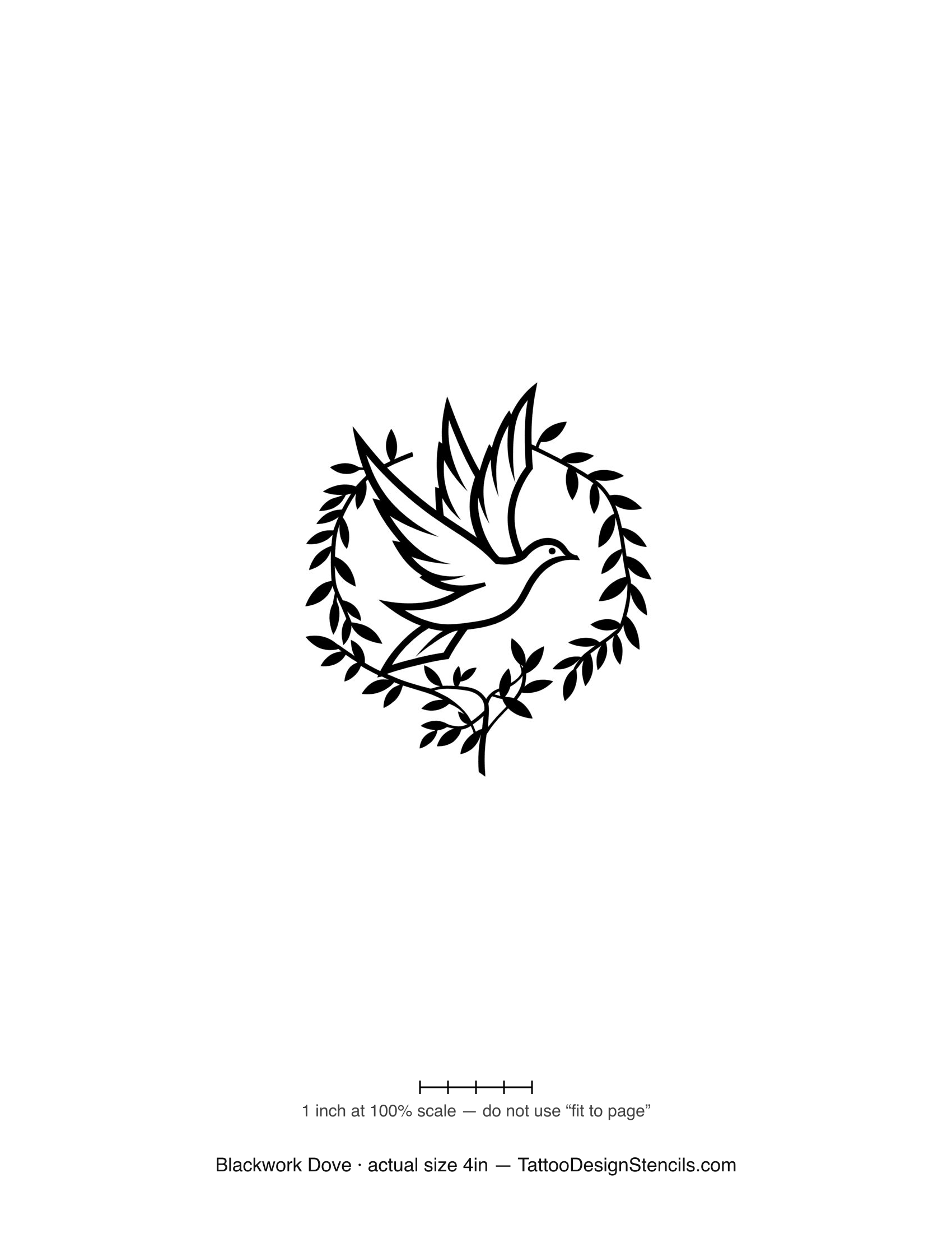 Blackwork dove tattoo stencil — dove in flight ringed by olive wreath