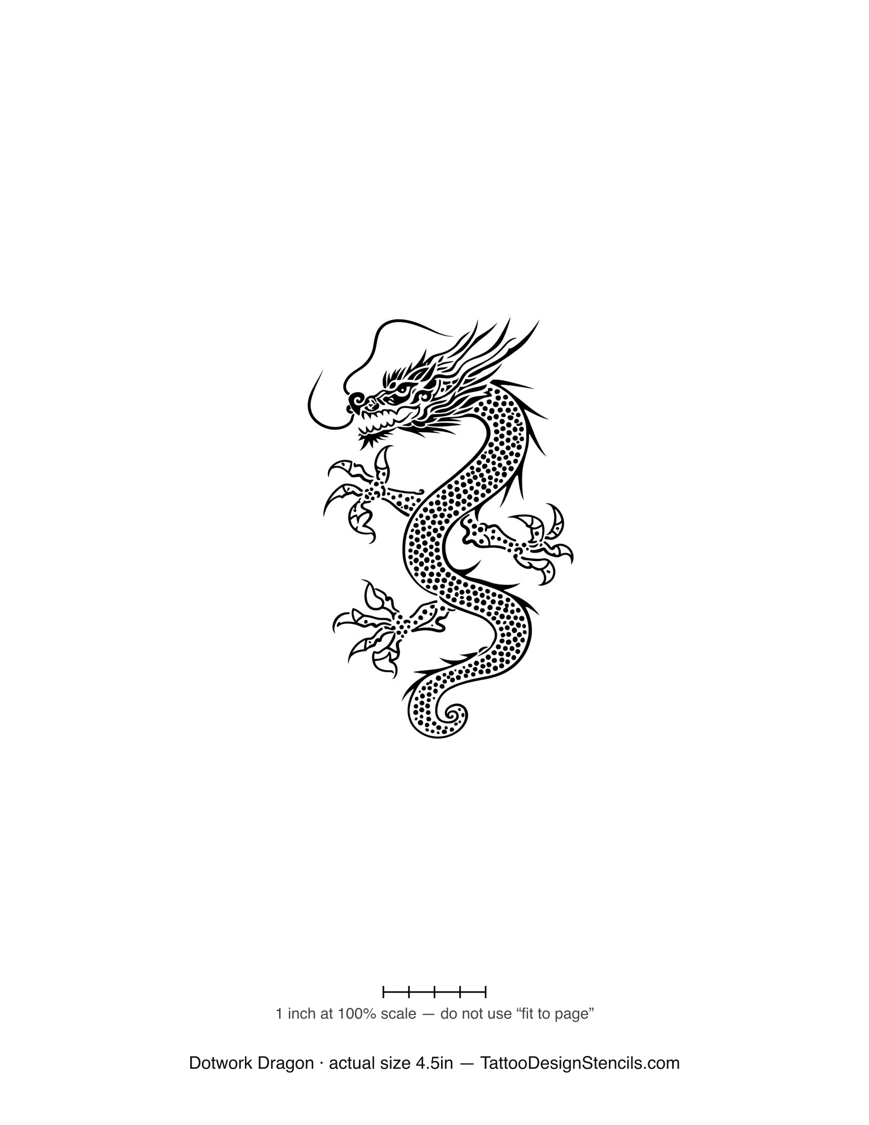Dotwork dragon tattoo stencil — scaled eastern dragon in fine stipple