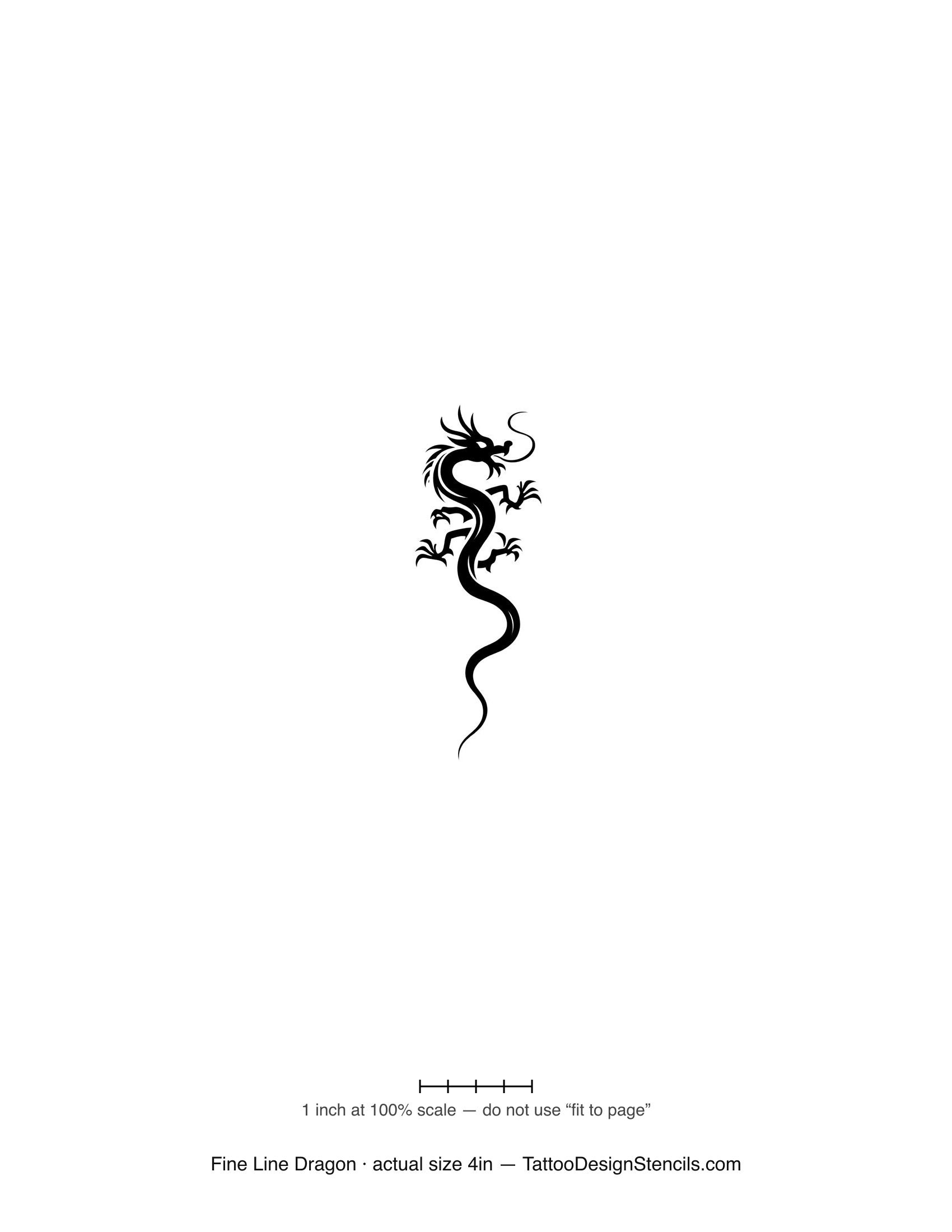 Fine line dragon tattoo stencil — slender eastern dragon in thin linework