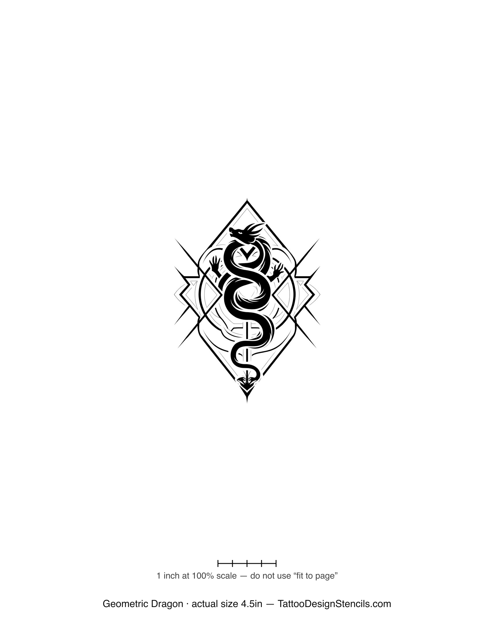 Geometric dragon tattoo stencil — dragon in a geometric diamond frame