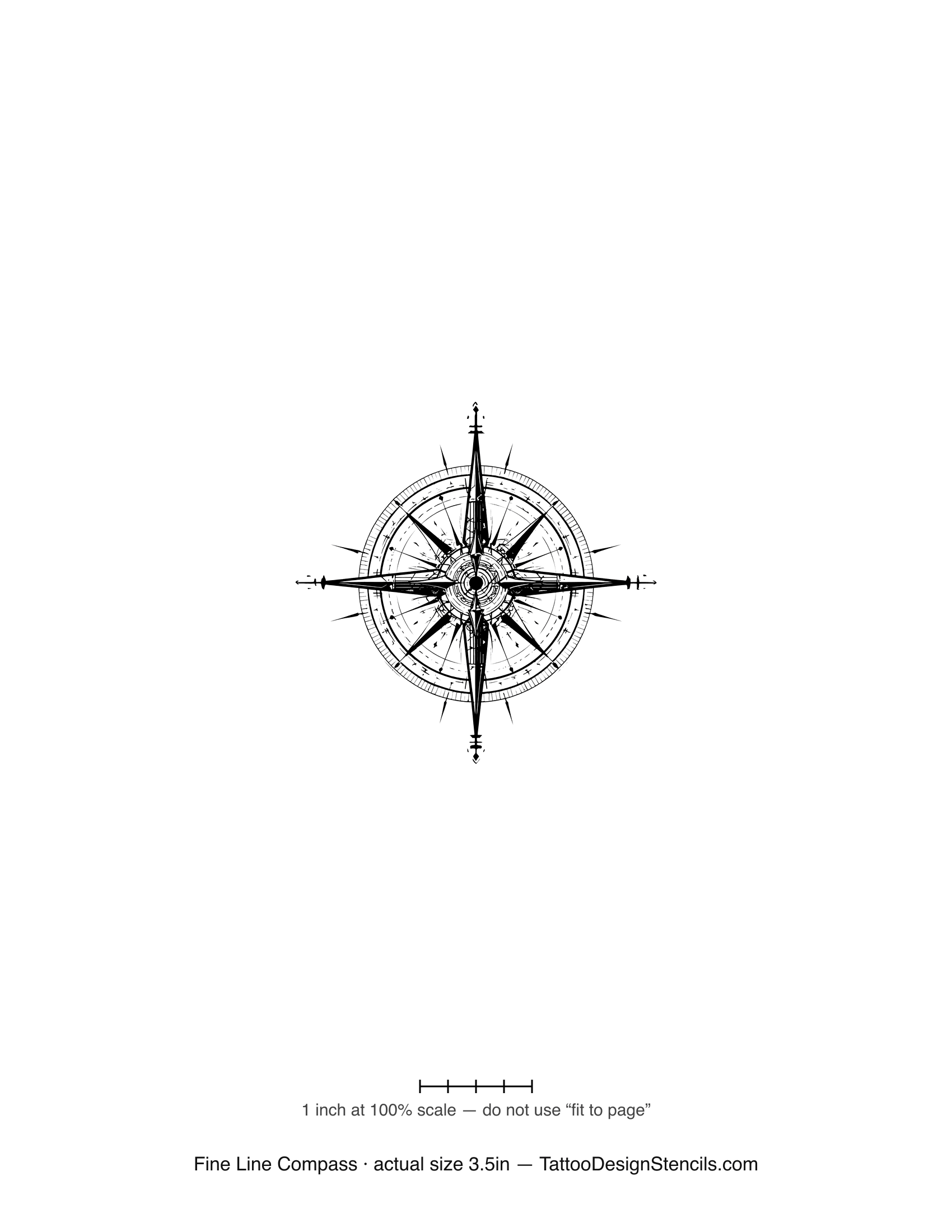 Fine line compass tattoo stencil — hairline nautical compass rose
