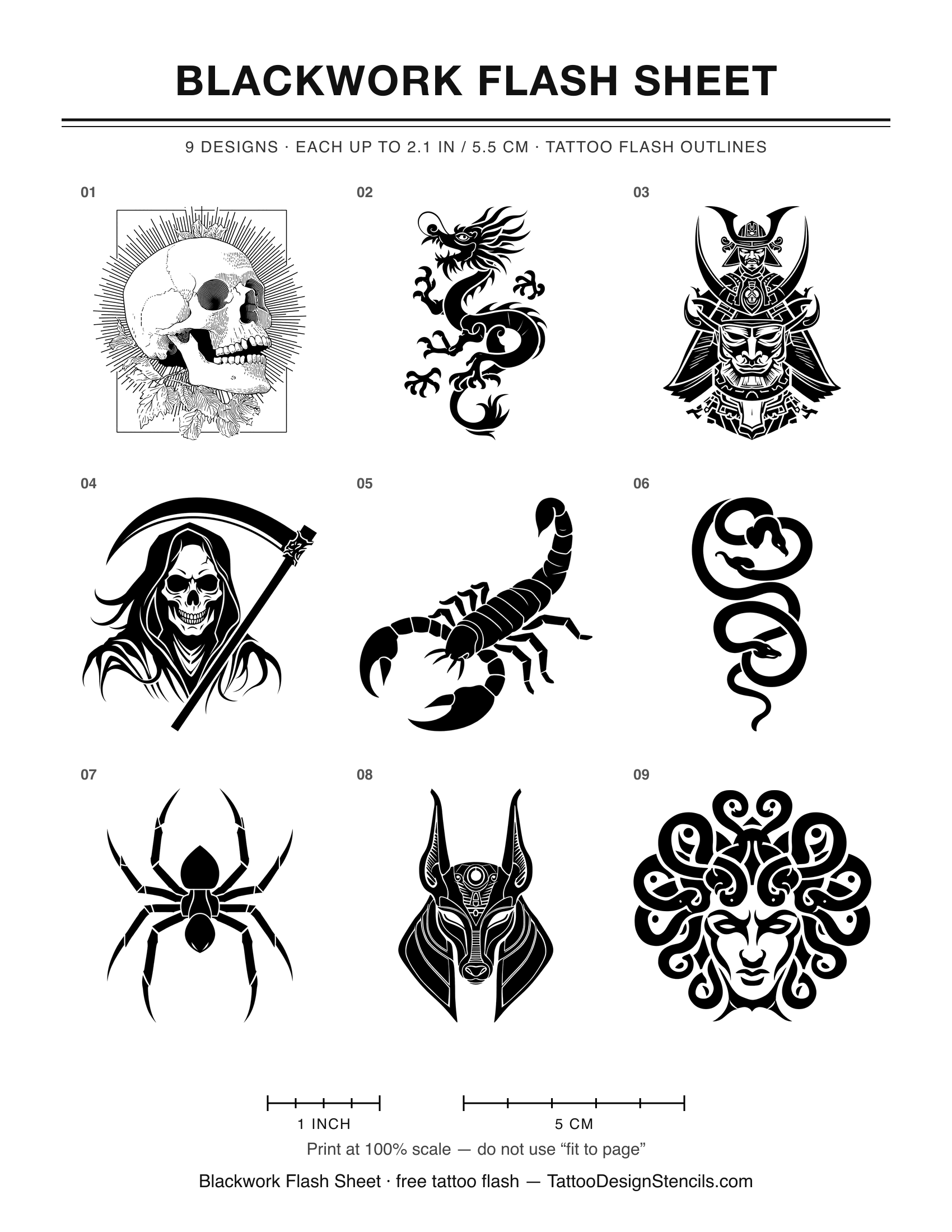 Blackwork Flash Sheet — 9 tattoo flash outlines on one printable sheet