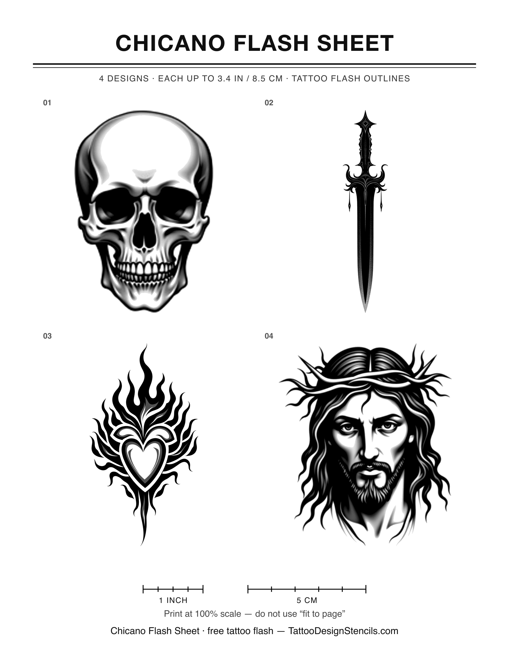 Chicano Flash Sheet — 4 tattoo flash outlines on one printable sheet
