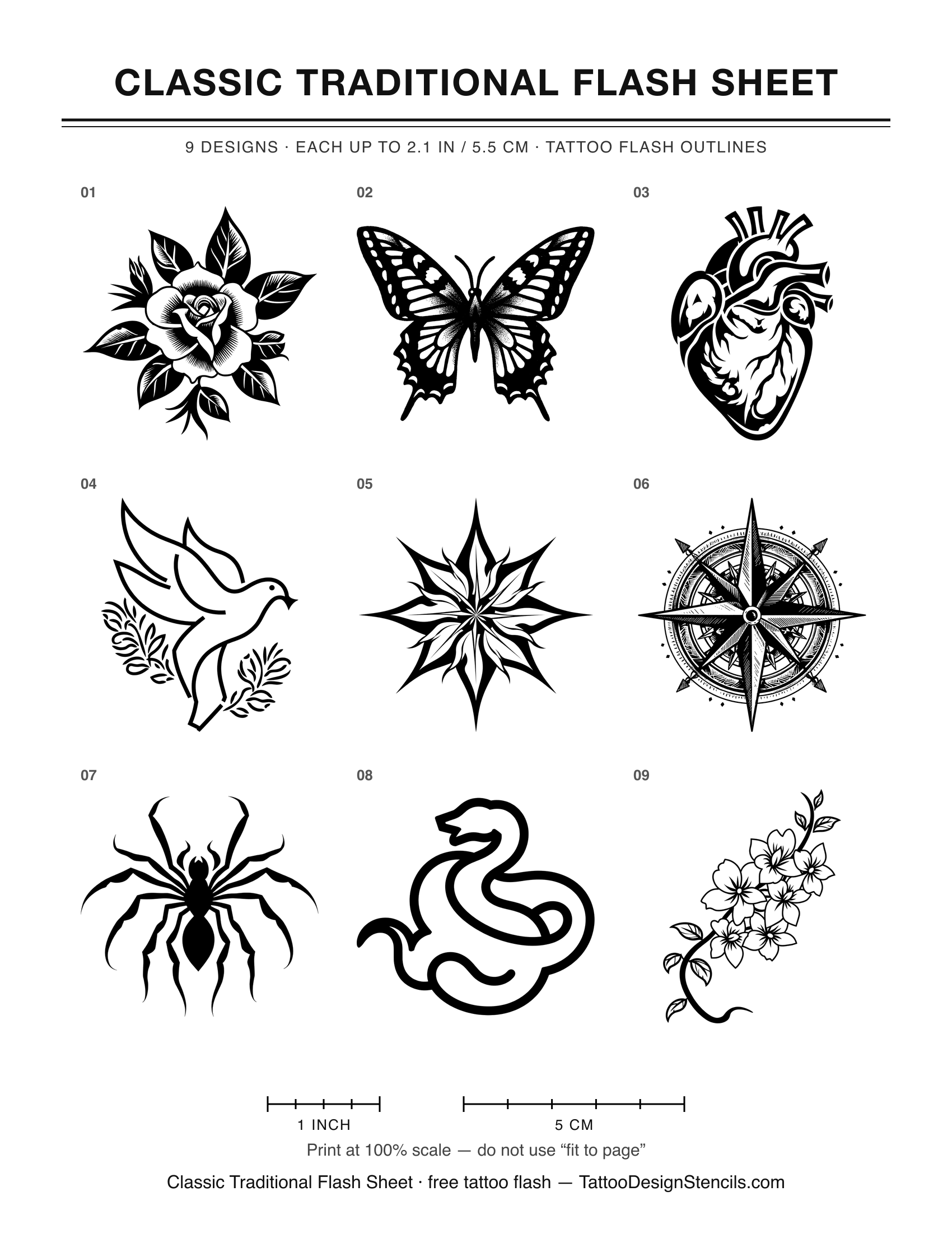 Classic Traditional Flash Sheet — 9 tattoo flash outlines on one printable sheet