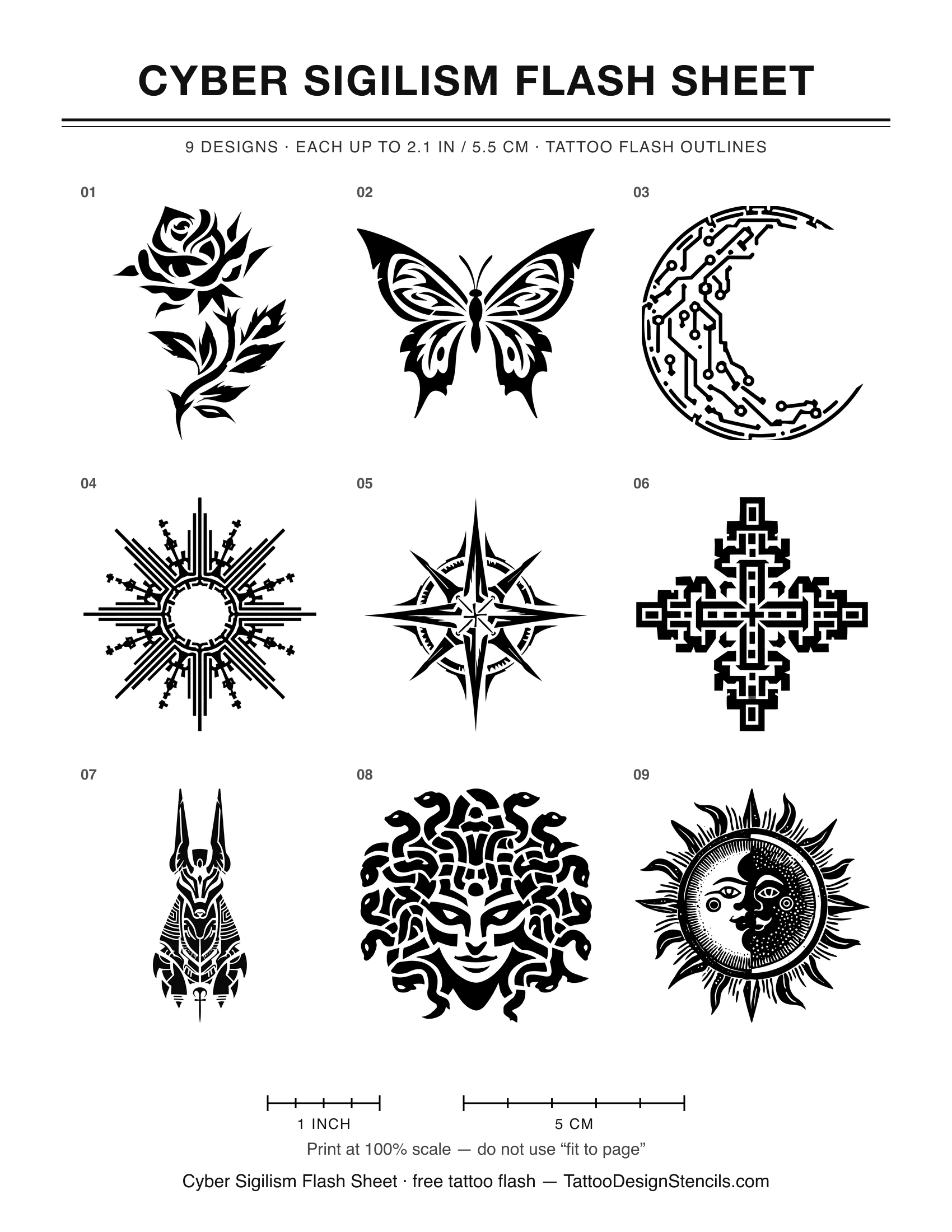 Cyber Sigilism Flash Sheet — 9 tattoo flash outlines on one printable sheet