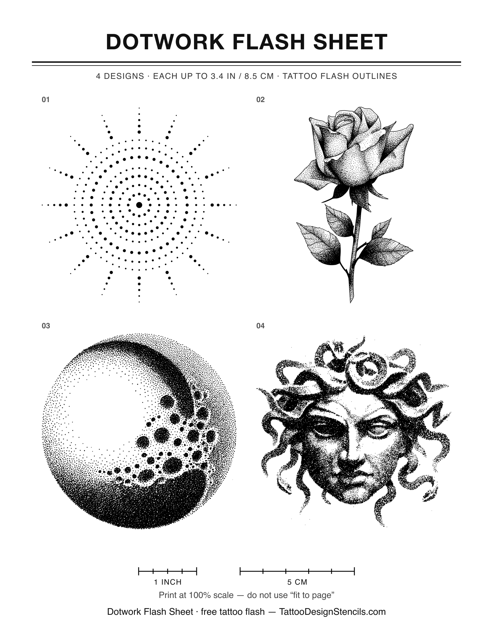 Dotwork Flash Sheet — 4 tattoo flash outlines on one printable sheet