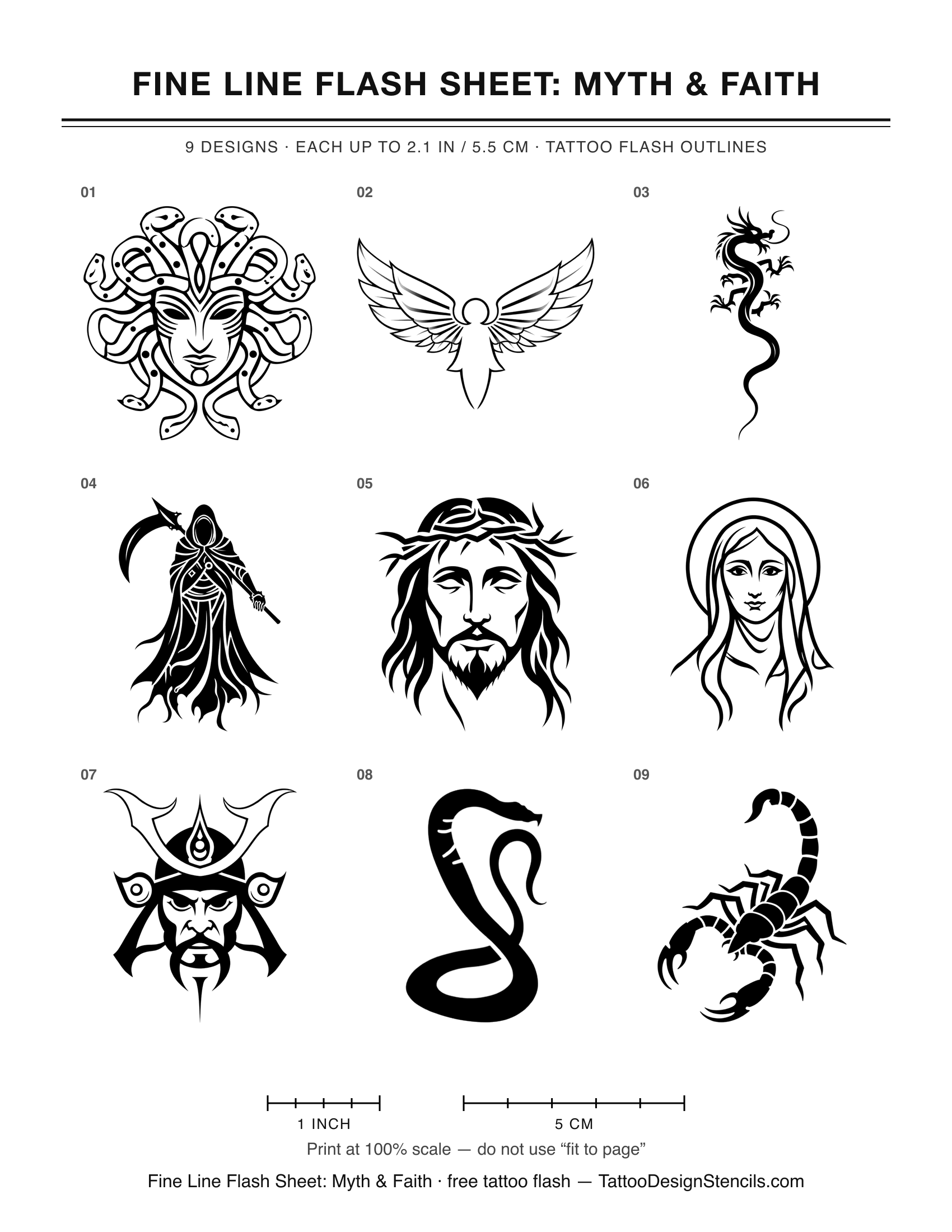 Fine Line Flash Sheet: Myth & Faith — 9 tattoo flash outlines on one printable sheet