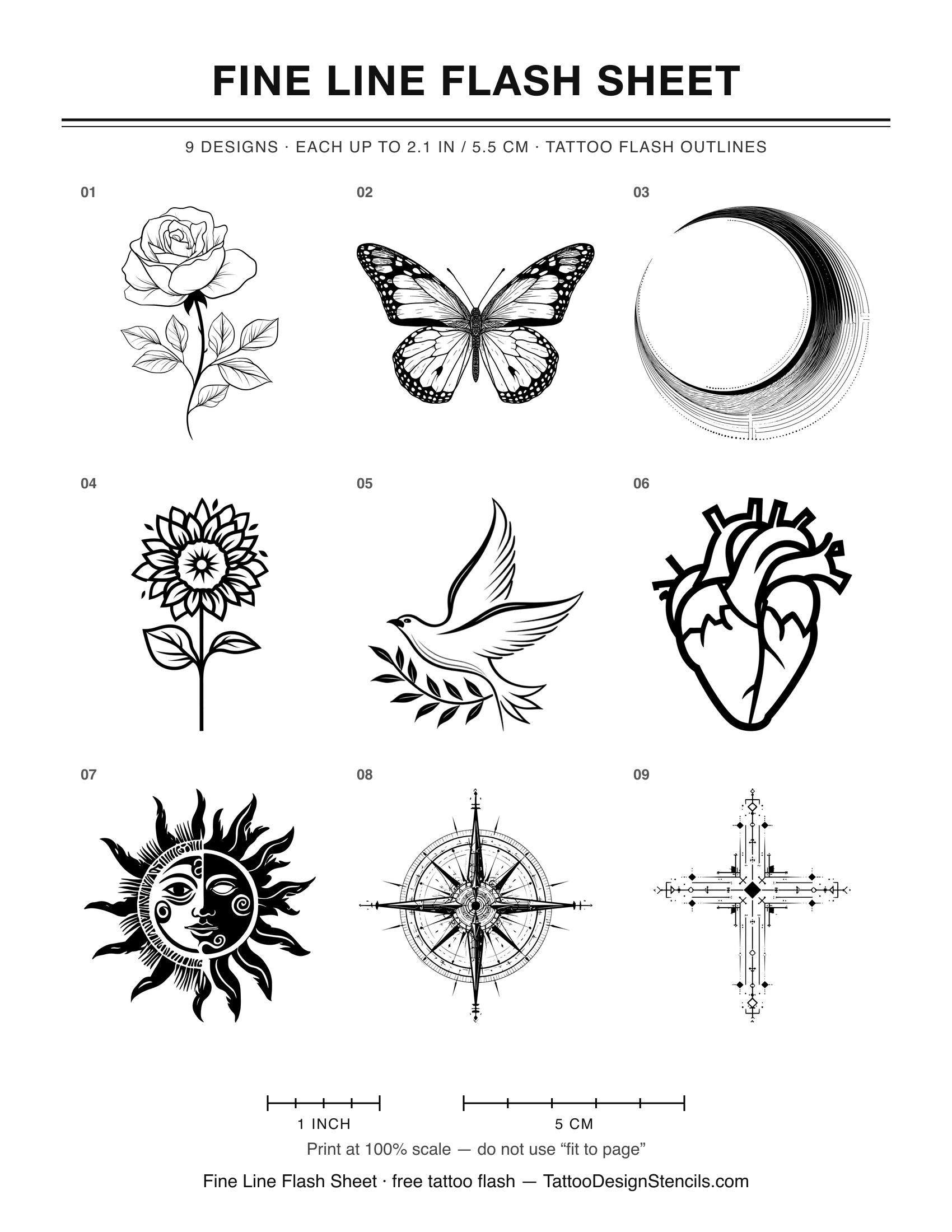 Fine Line Flash Sheet — 9 tattoo flash outlines on one printable sheet
