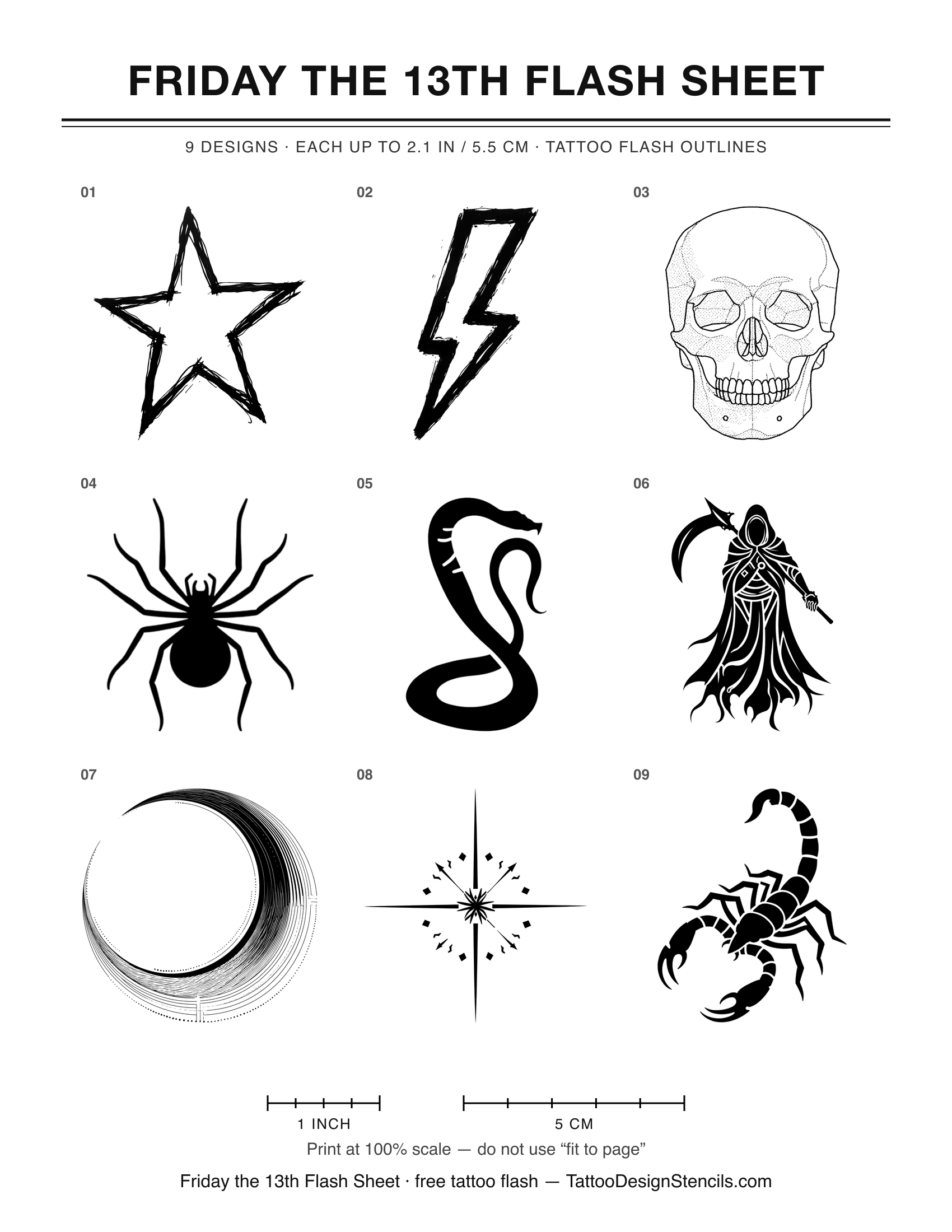 Friday the 13th Flash Sheet — 9 tattoo flash outlines on one printable sheet
