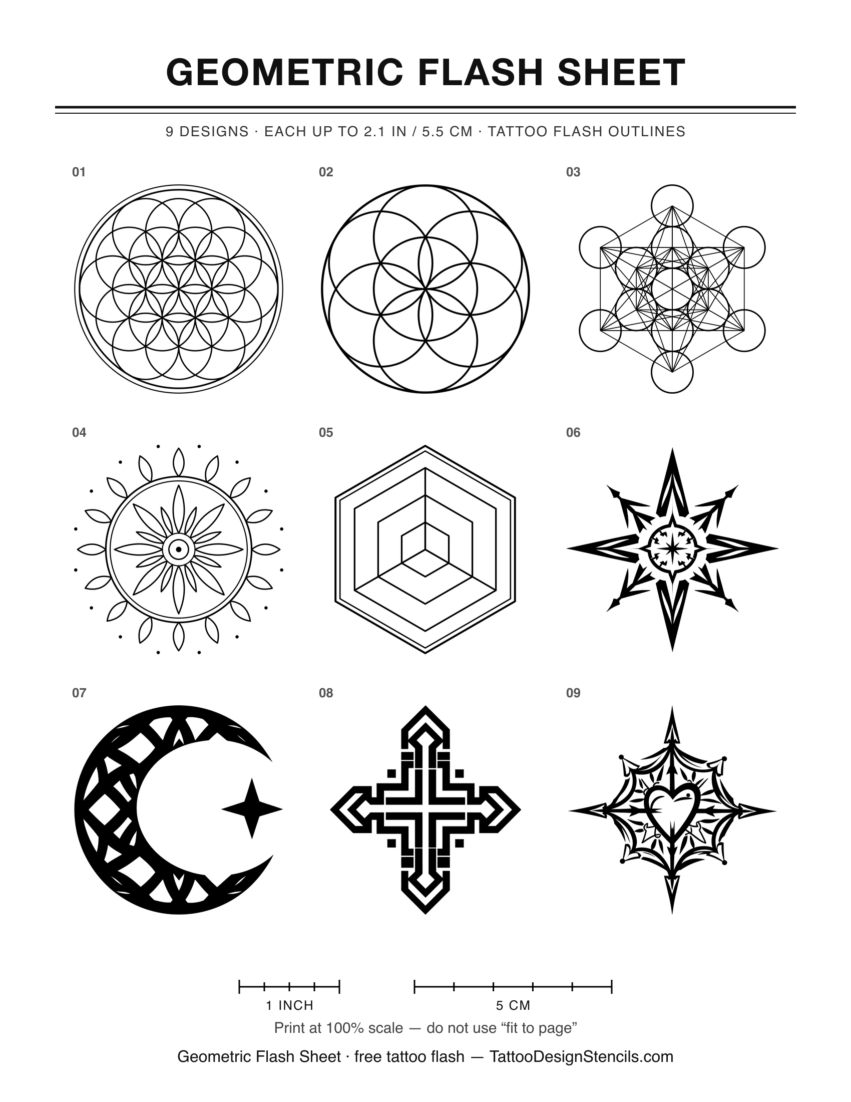 Geometric Flash Sheet — 9 tattoo flash outlines on one printable sheet
