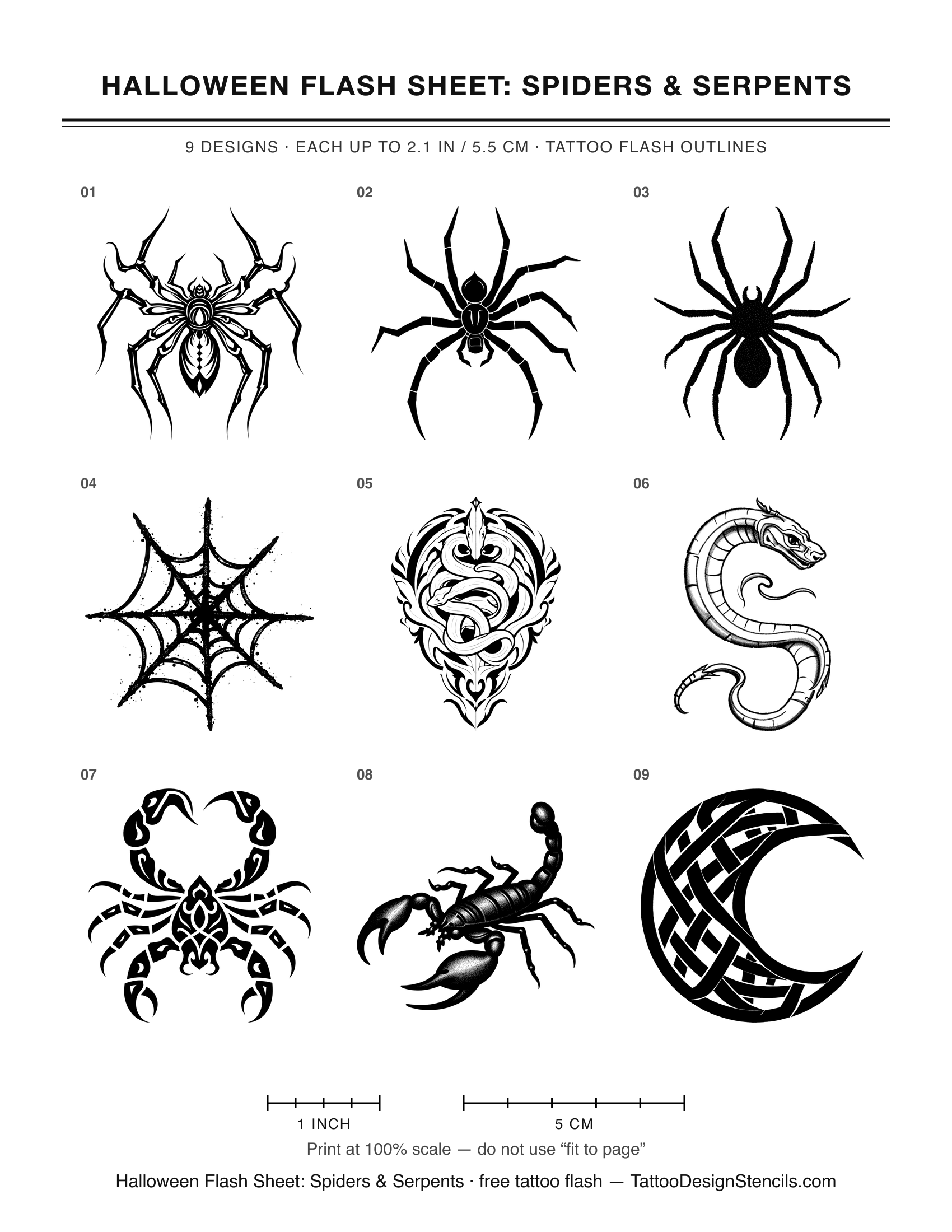 Halloween Flash Sheet: Spiders & Serpents — 9 tattoo flash outlines on one printable sheet