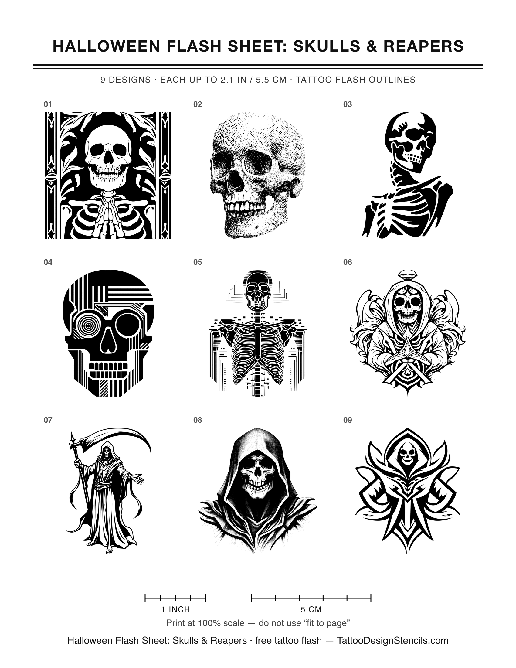 Halloween Flash Sheet: Skulls & Reapers — 9 tattoo flash outlines on one printable sheet