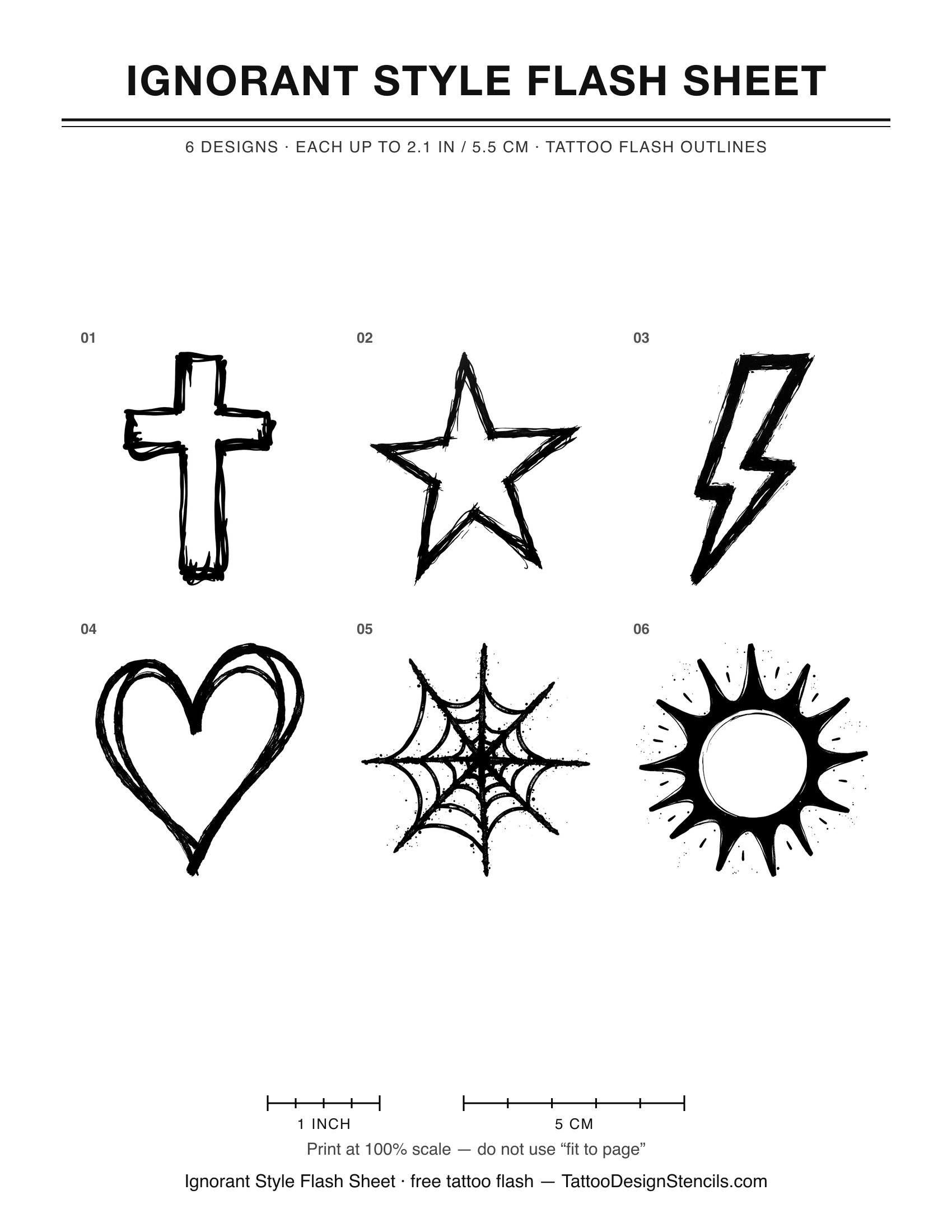 Ignorant Style Flash Sheet — 6 tattoo flash outlines on one printable sheet