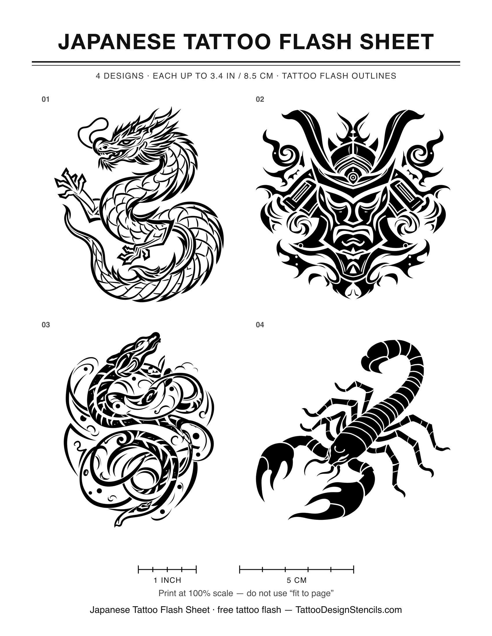 Japanese Tattoo Flash Sheet — 4 tattoo flash outlines on one printable sheet