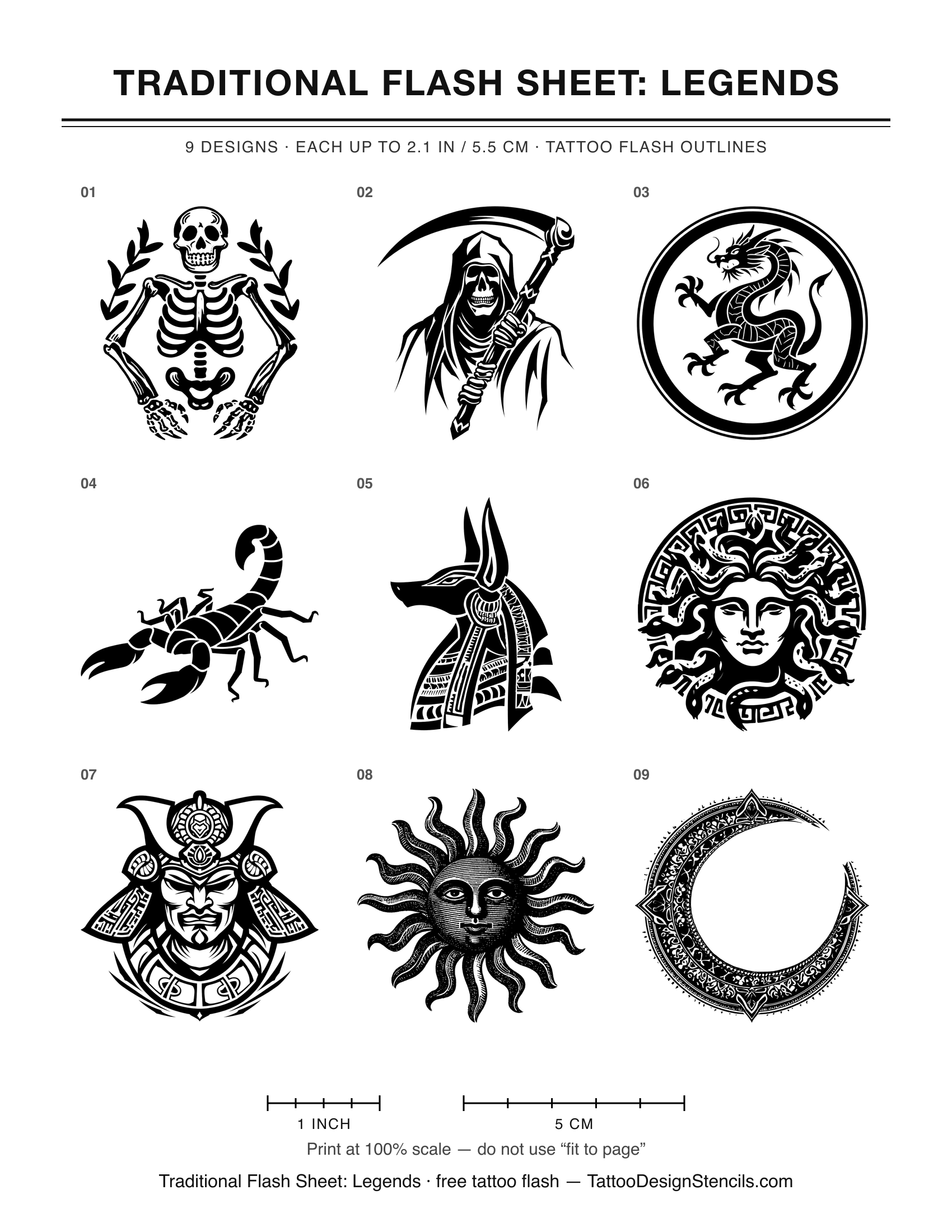 Traditional Flash Sheet: Legends — 9 tattoo flash outlines on one printable sheet