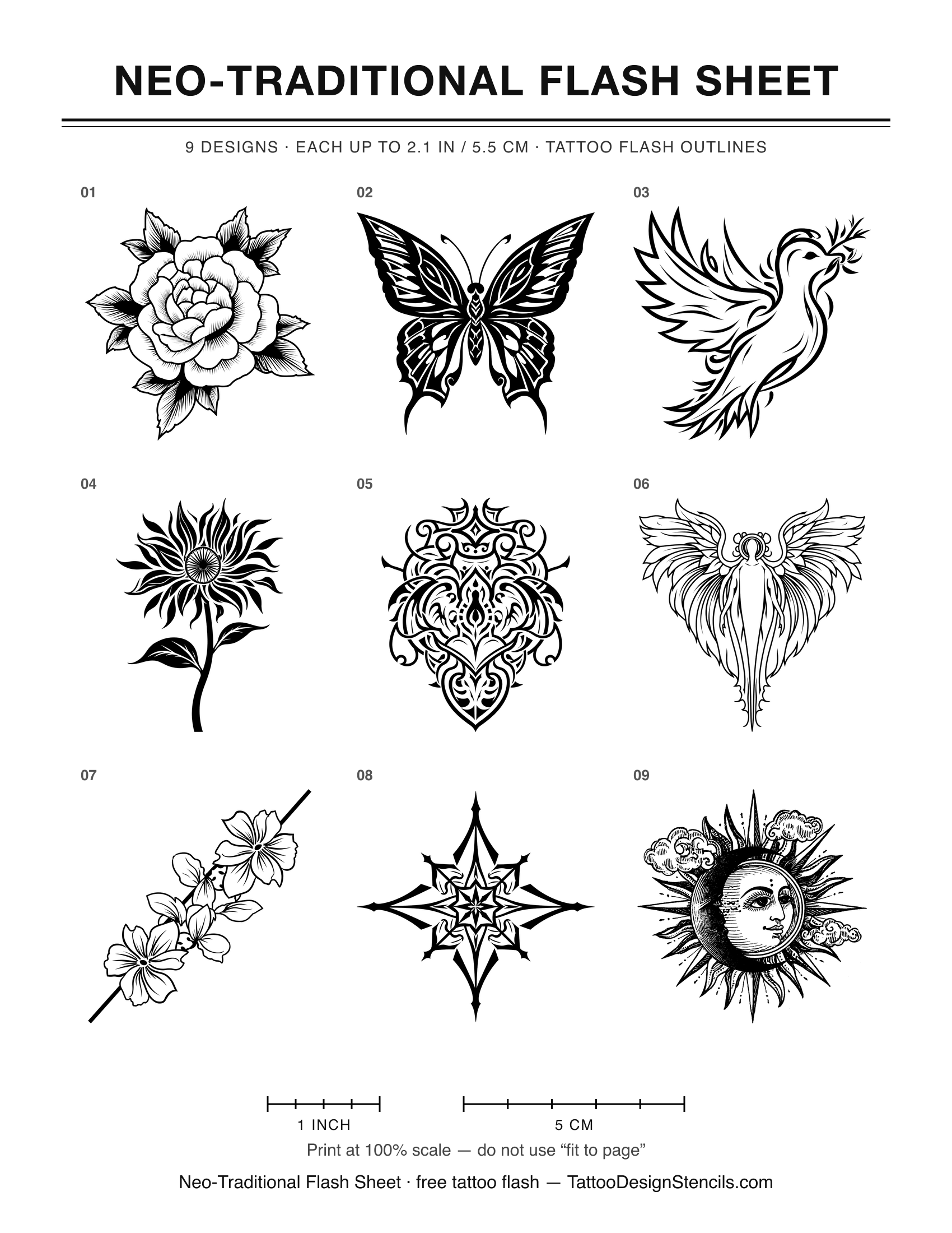 Neo-Traditional Flash Sheet — 9 tattoo flash outlines on one printable sheet