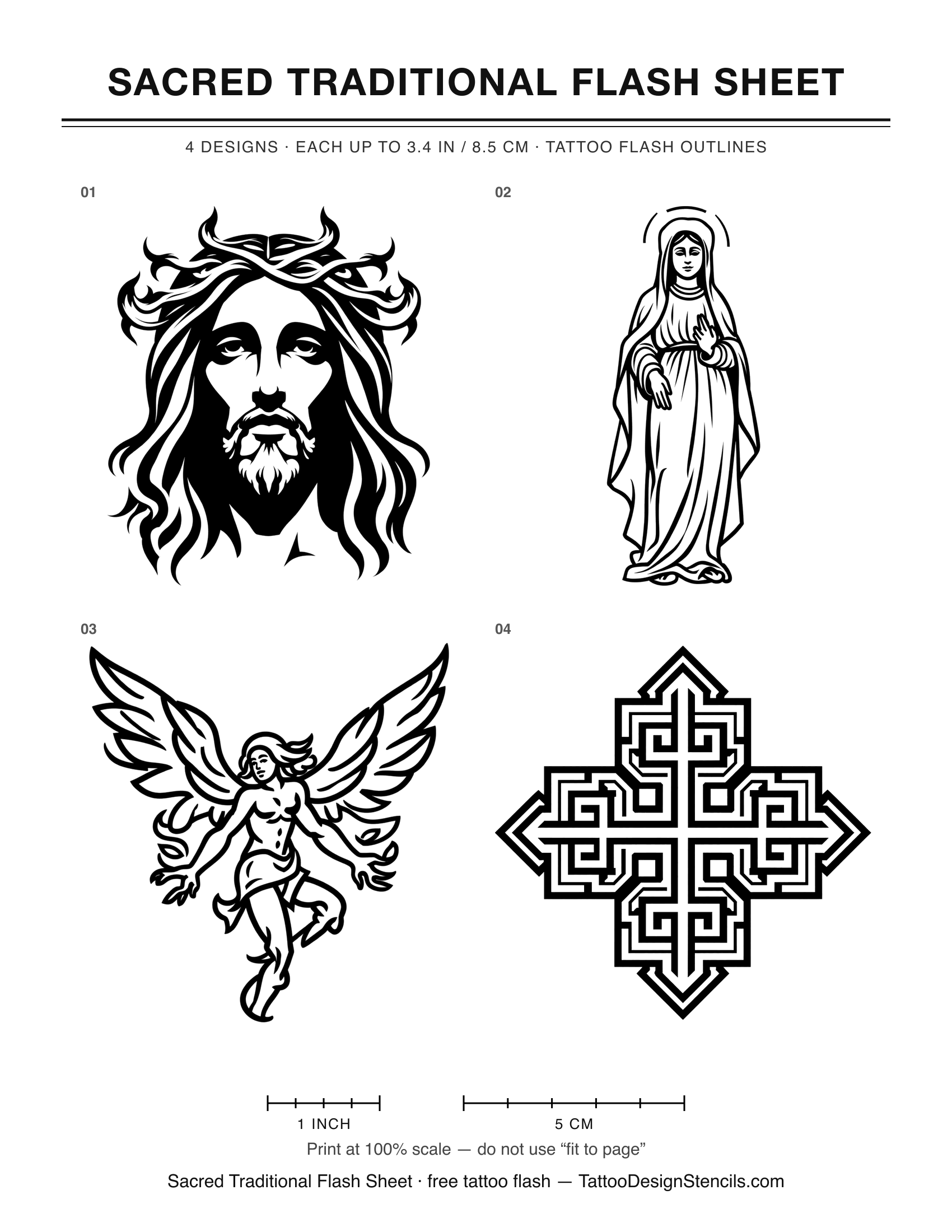 Sacred Traditional Flash Sheet — 4 tattoo flash outlines on one printable sheet