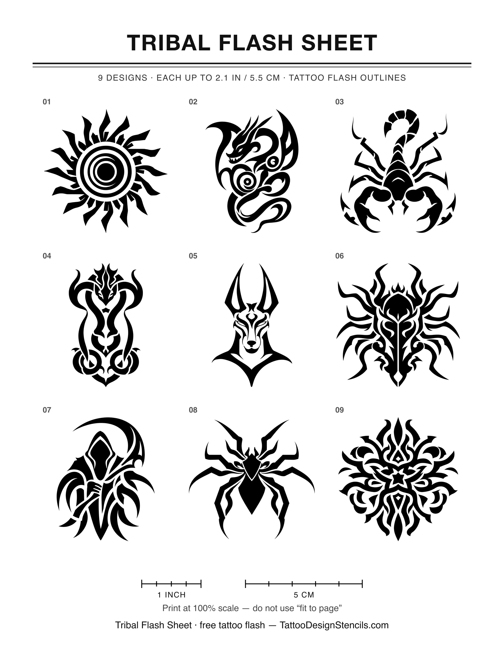 Tribal Flash Sheet — 9 tattoo flash outlines on one printable sheet