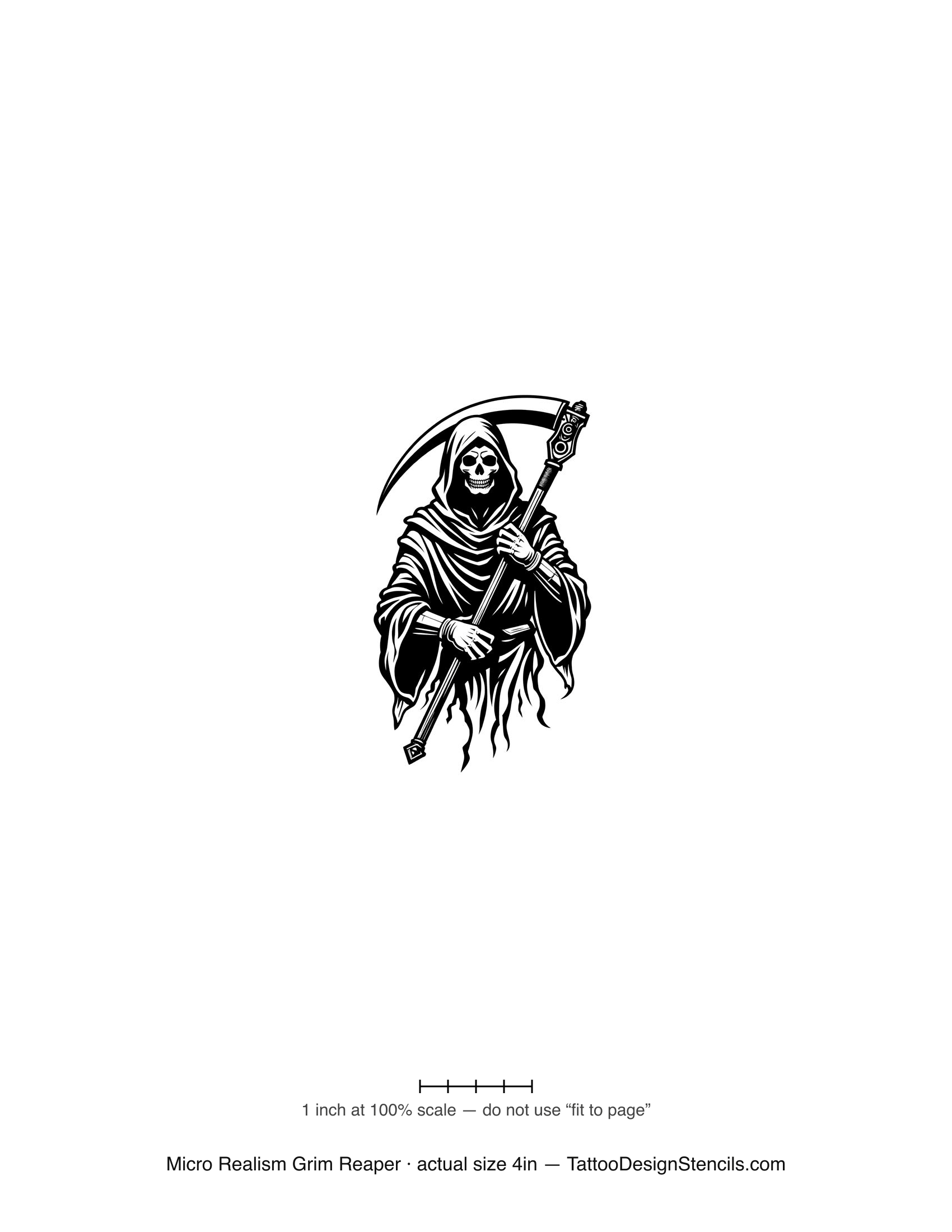 Micro realism grim reaper tattoo stencil — realistic hooded reaper