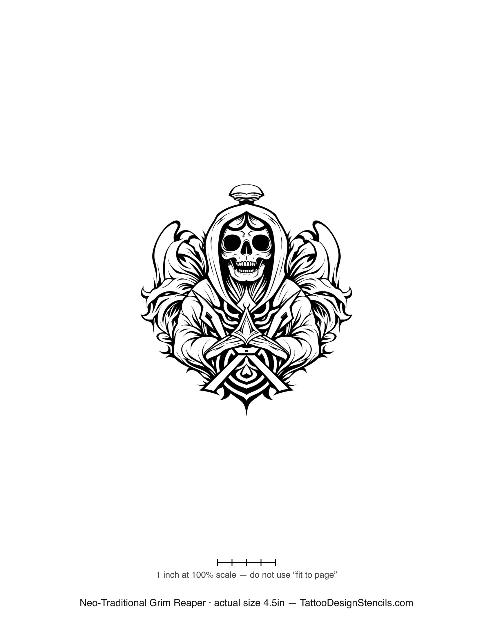 Neo-traditional grim reaper tattoo stencil — ornate reaper with decorative halo